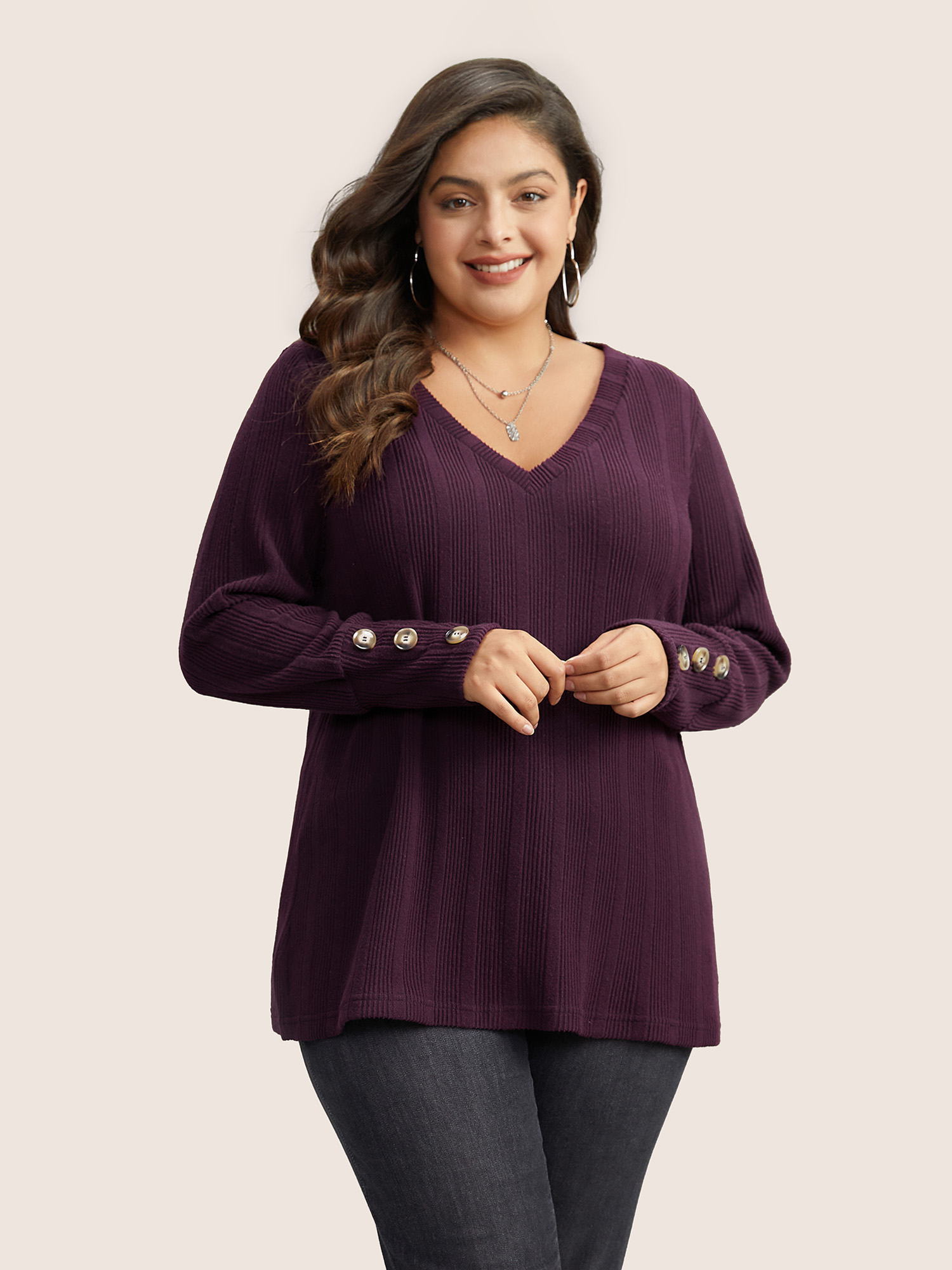 

Plus Size Rib Knit V Neck Button Detail T-shirt Eggplant Women Casual Non Plain V-neck Everyday T-shirts BloomChic