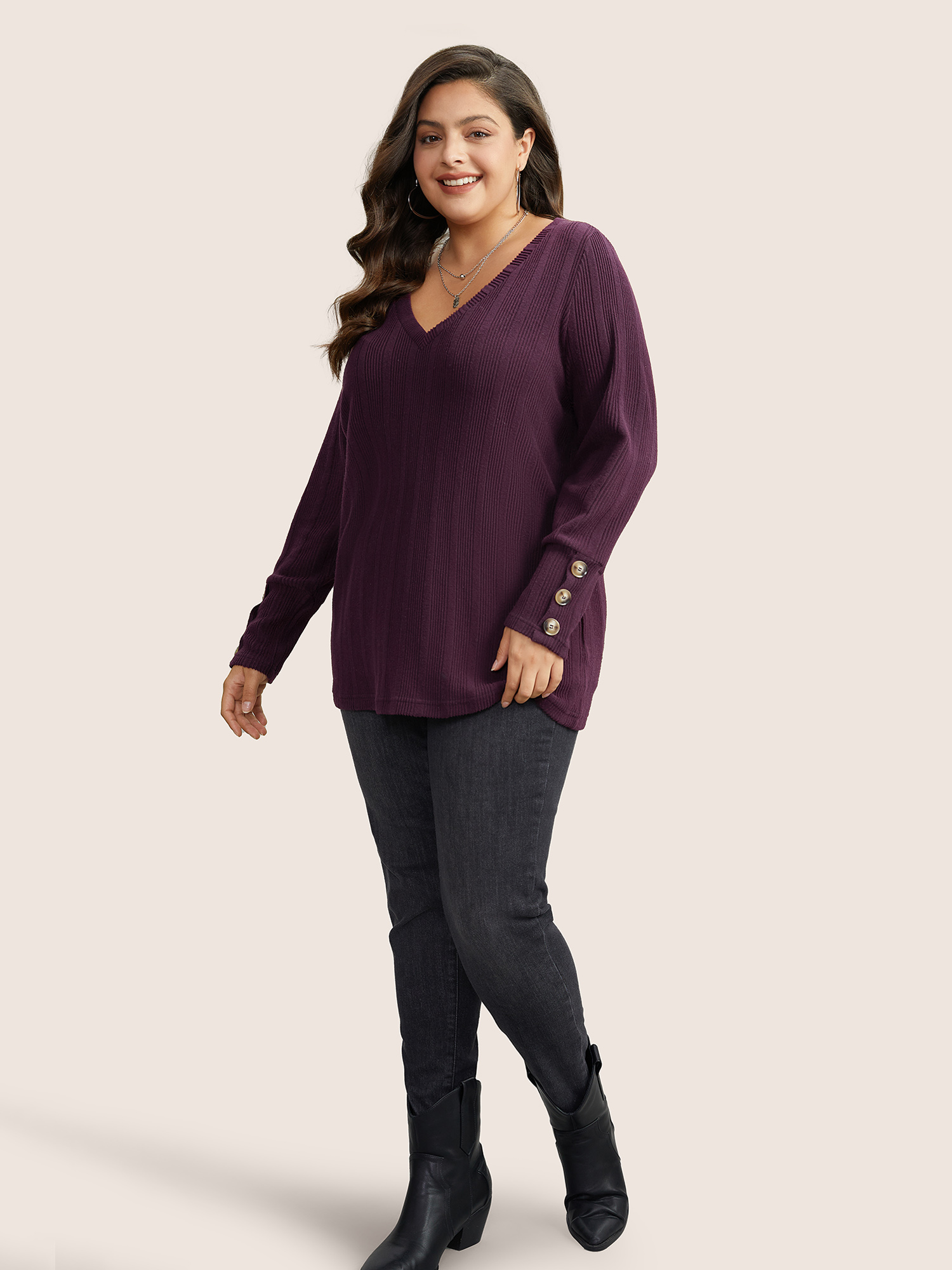 

Plus Size Rib Knit V Neck Button Detail T-shirt Eggplant Women Casual Non Plain V-neck Everyday T-shirts BloomChic