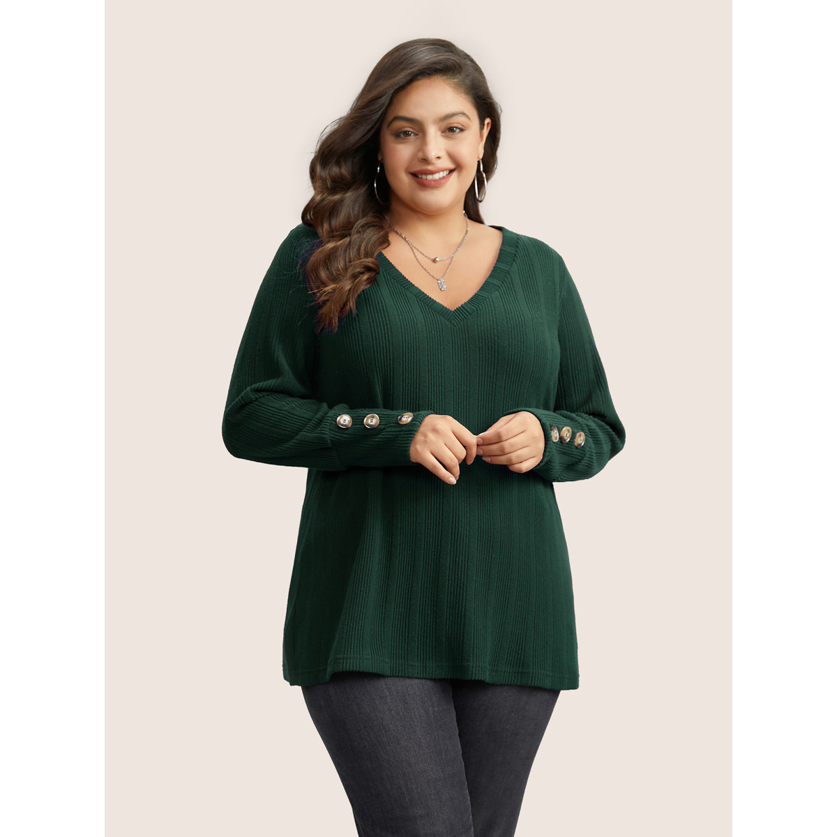 

Plus Size Rib Knit V Neck Button Detail T-shirt Green Women Casual Non Plain V-neck Everyday T-shirts BloomChic