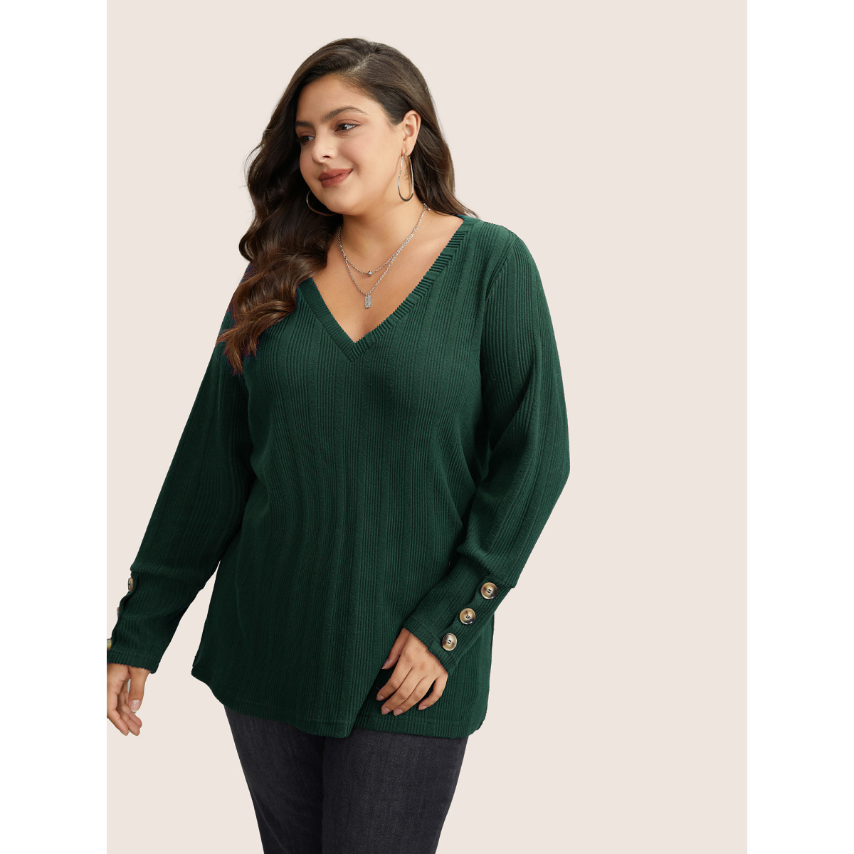 

Plus Size Rib Knit V Neck Button Detail T-shirt Green Women Casual Non Plain V-neck Everyday T-shirts BloomChic