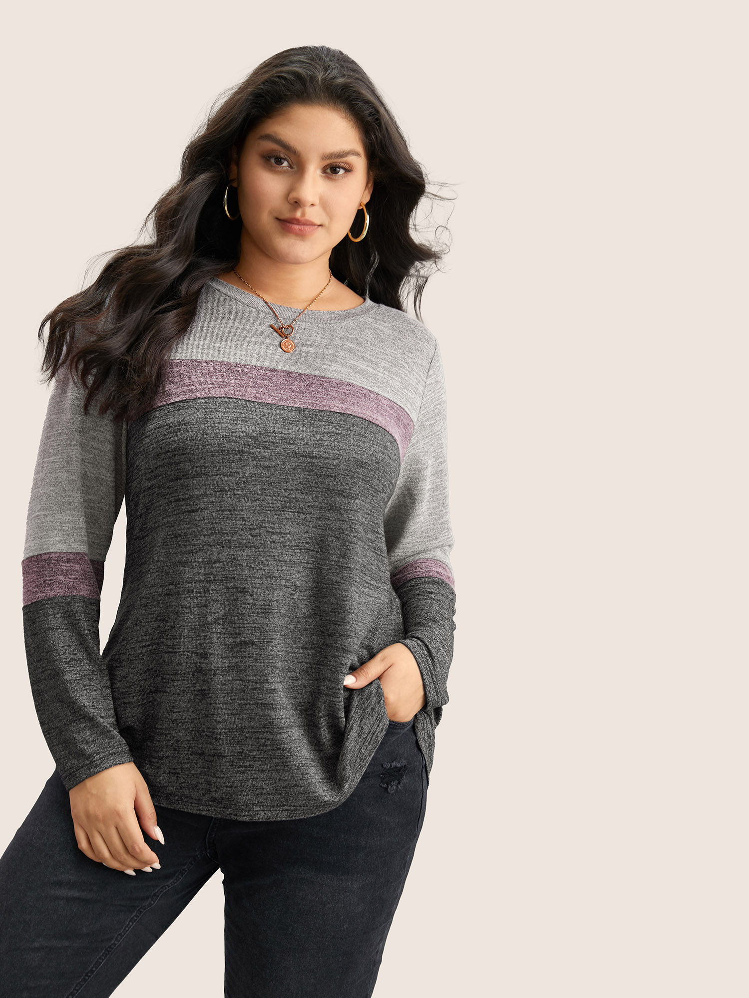 

Plus Size Heather Colorblock Contrast Crew Neck T-shirt Multicolor Women Casual Texture Plain Round Neck Everyday T-shirts BloomChic