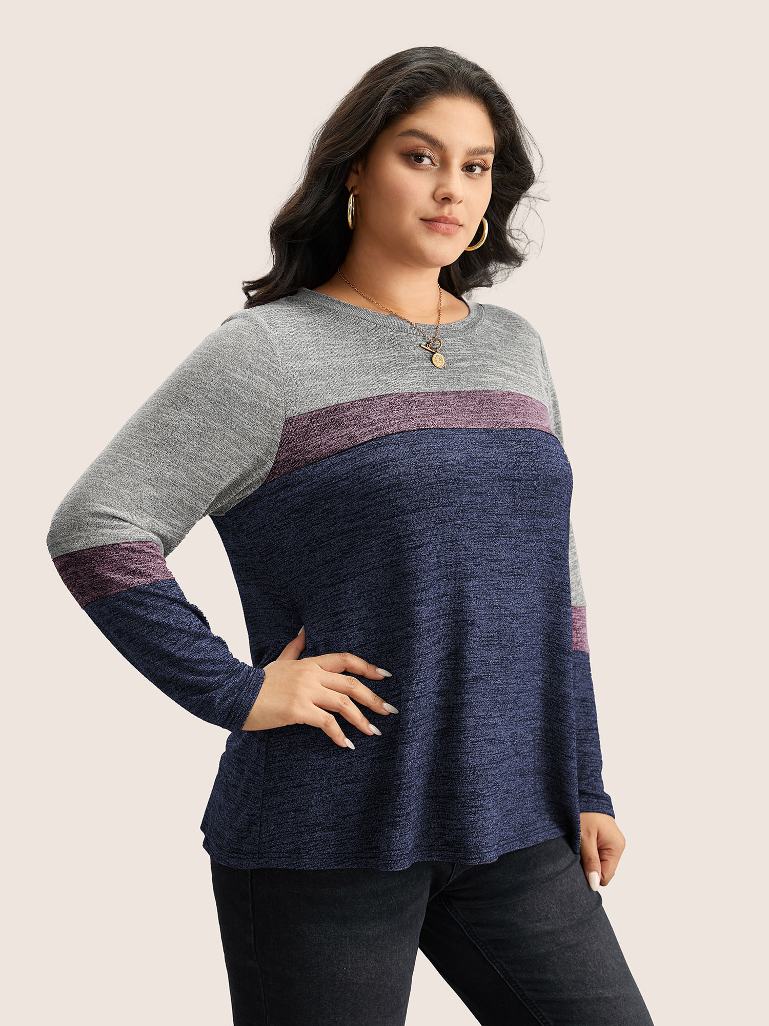 

Plus Size Heather Colorblock Contrast Crew Neck T-shirt Blue Women Casual Texture Plain Round Neck Everyday T-shirts BloomChic