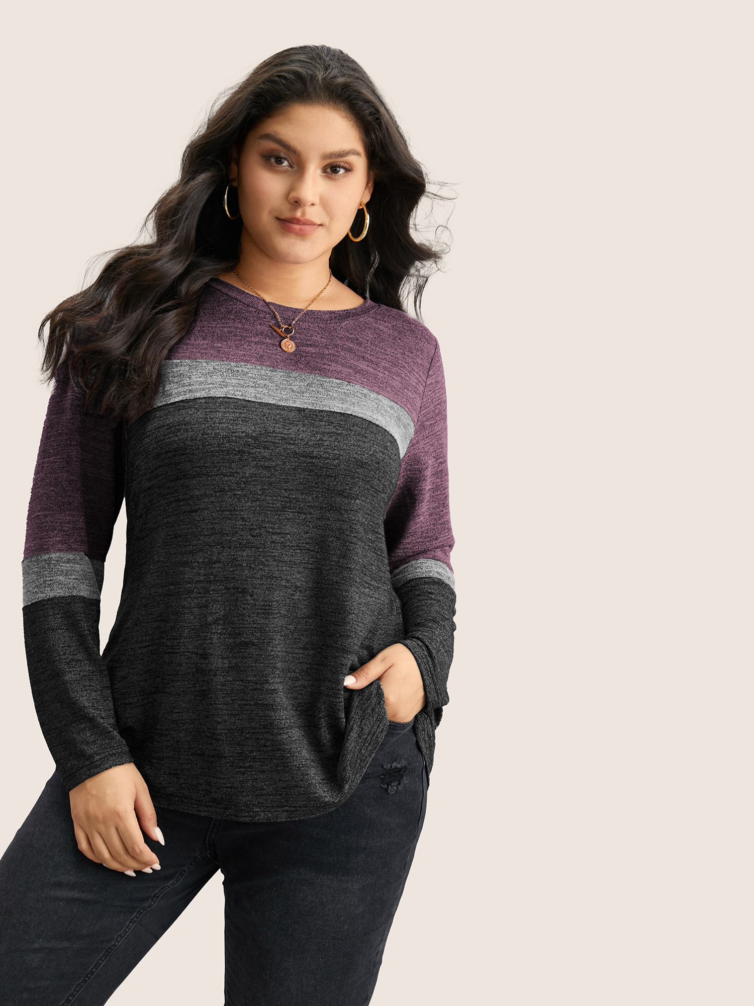 

Plus Size Heather Colorblock Contrast Crew Neck T-shirt Black Women Casual Texture Plain Round Neck Everyday T-shirts BloomChic