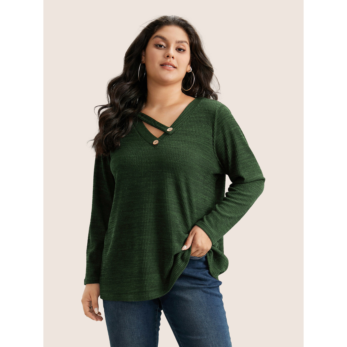 

Plus Size Solid Rib Knit Button Detail T-shirt Green Women Casual Non Plain V-neck Everyday T-shirts BloomChic