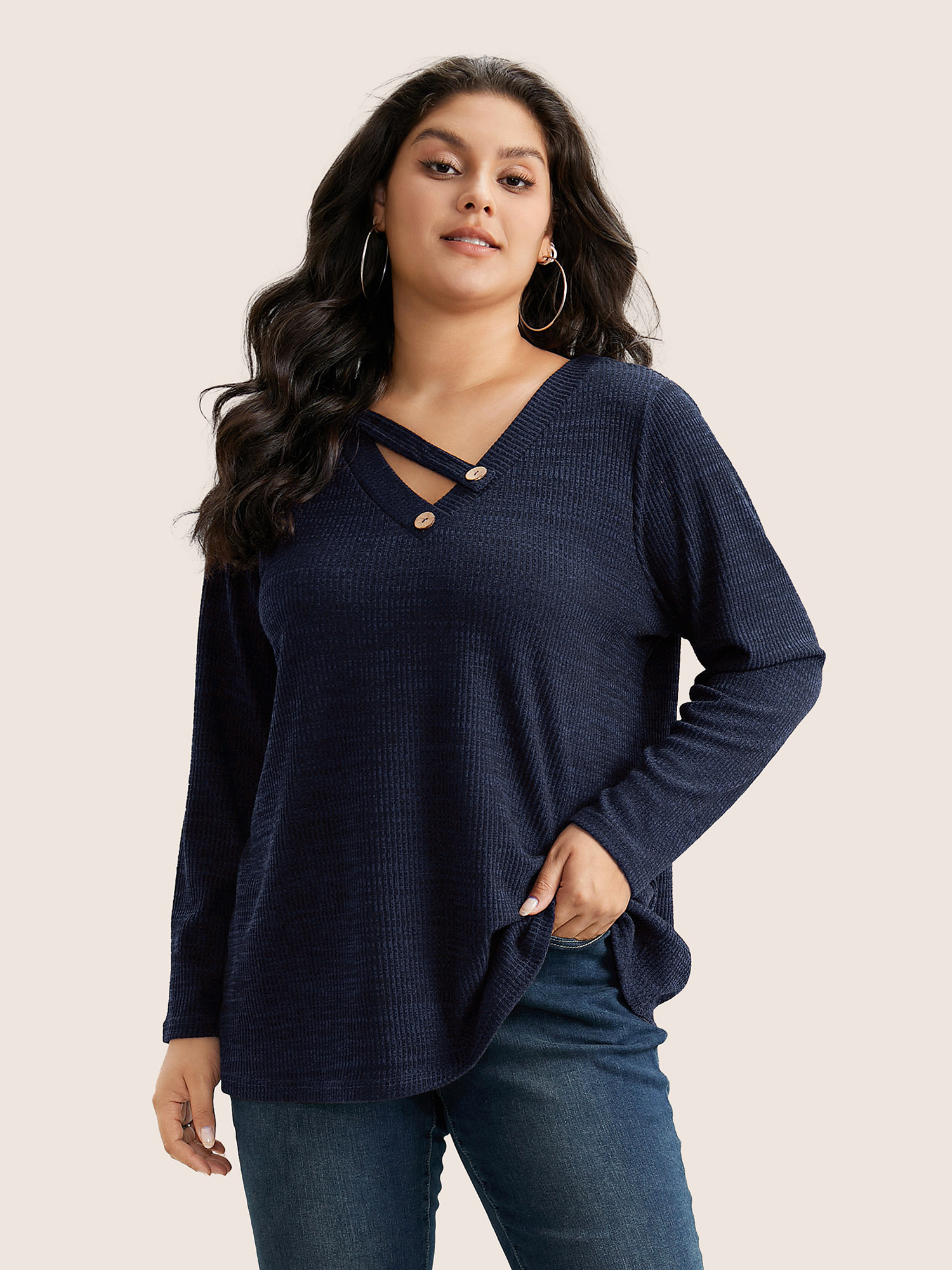 

Plus Size Solid Rib Knit Button Detail T-shirt Blue Women Casual Non Plain V-neck Everyday T-shirts BloomChic