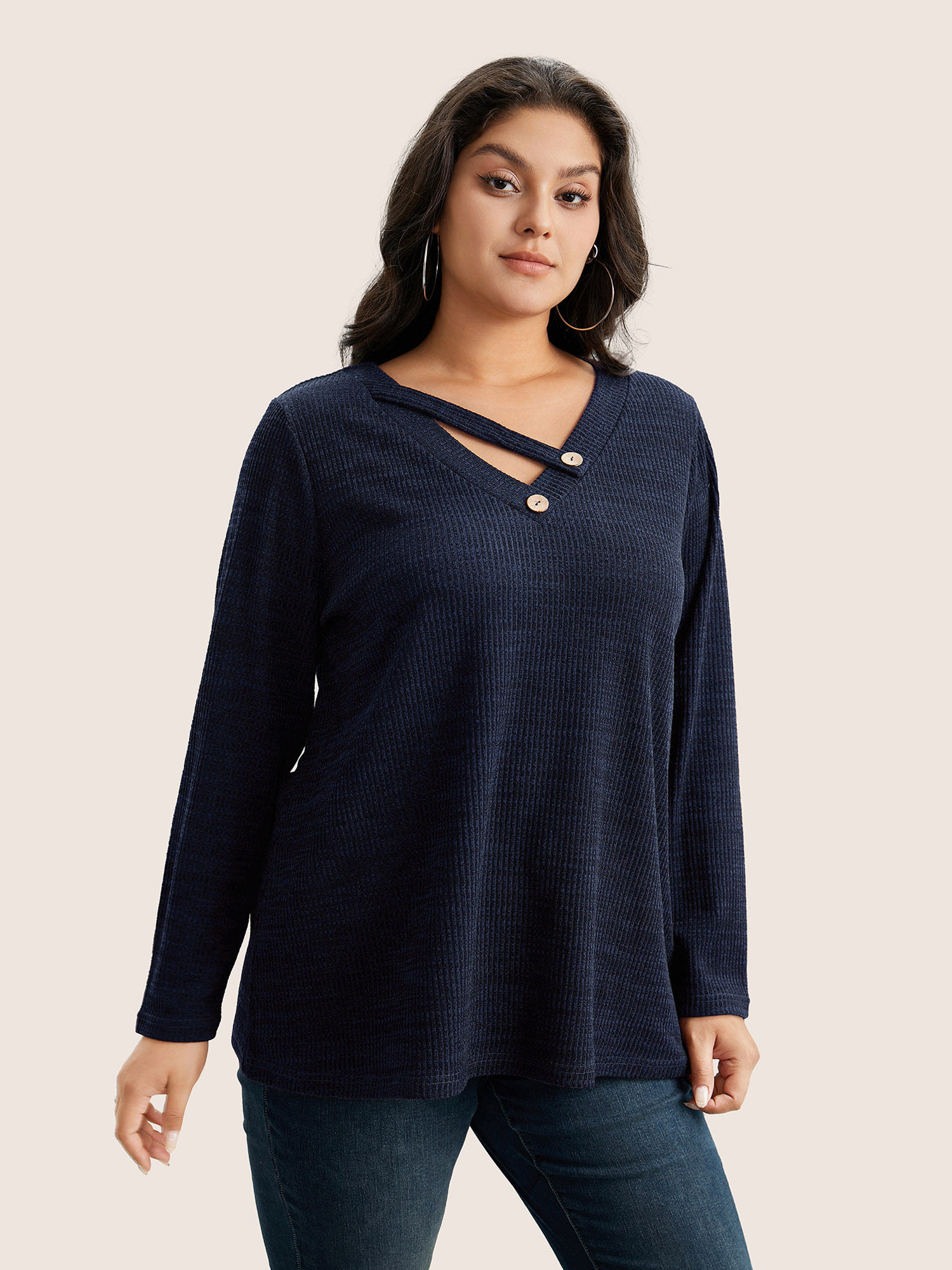 

Plus Size Solid Rib Knit Button Detail T-shirt Blue Women Casual Non Plain V-neck Everyday T-shirts BloomChic