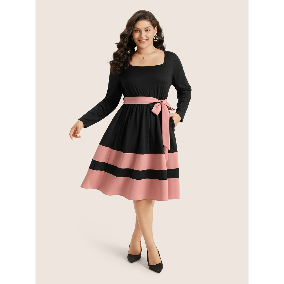 

Plus Size Two Tone Belted Bowknot Square Neck Dress Black Women Non Curvy Knee Dress BloomChic