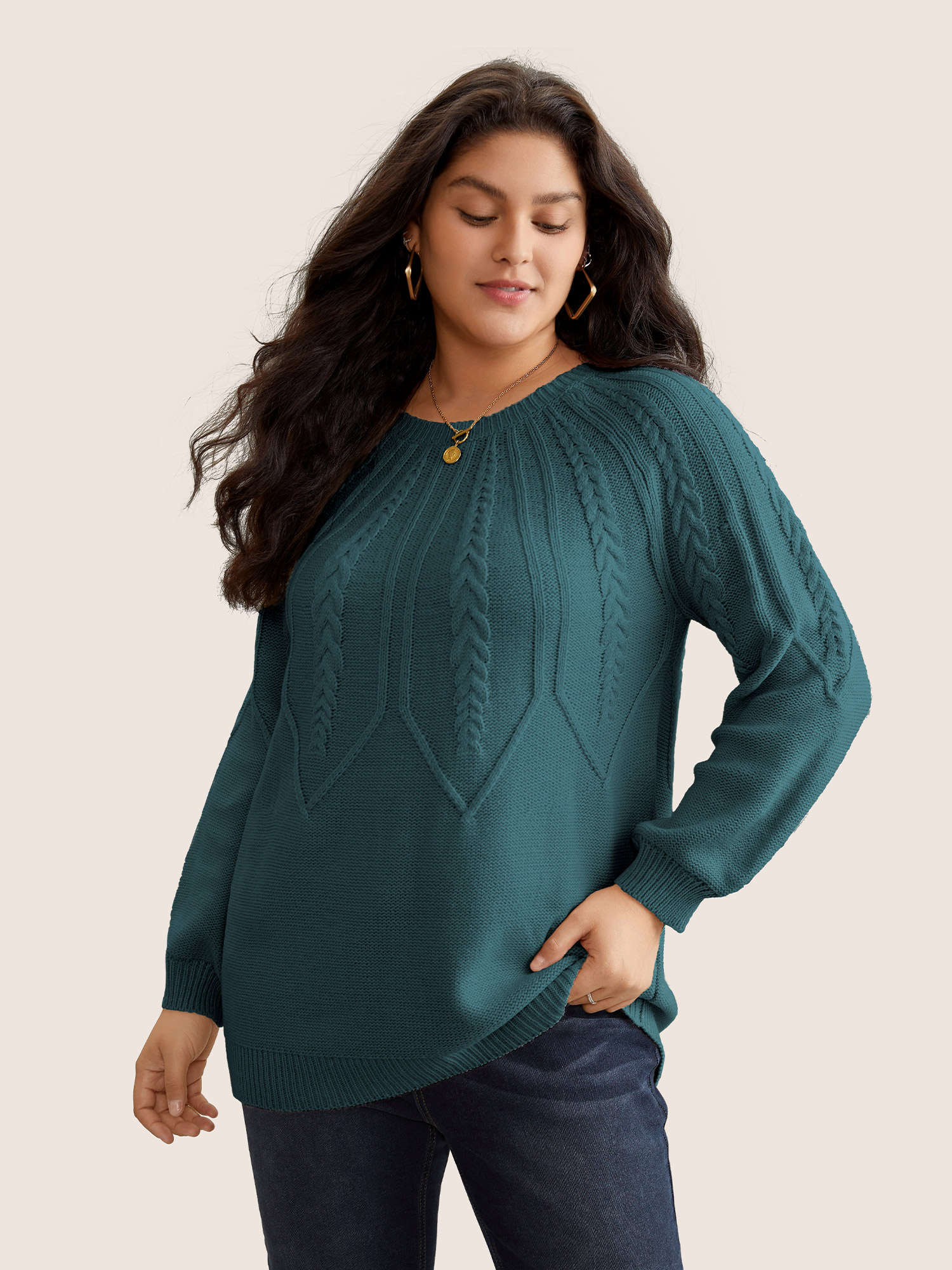 

Plus Size Solid Textured Lantern Sleeve Pullover Cyan Women Basics Long Sleeve Round Neck Everyday Pullovers BloomChic