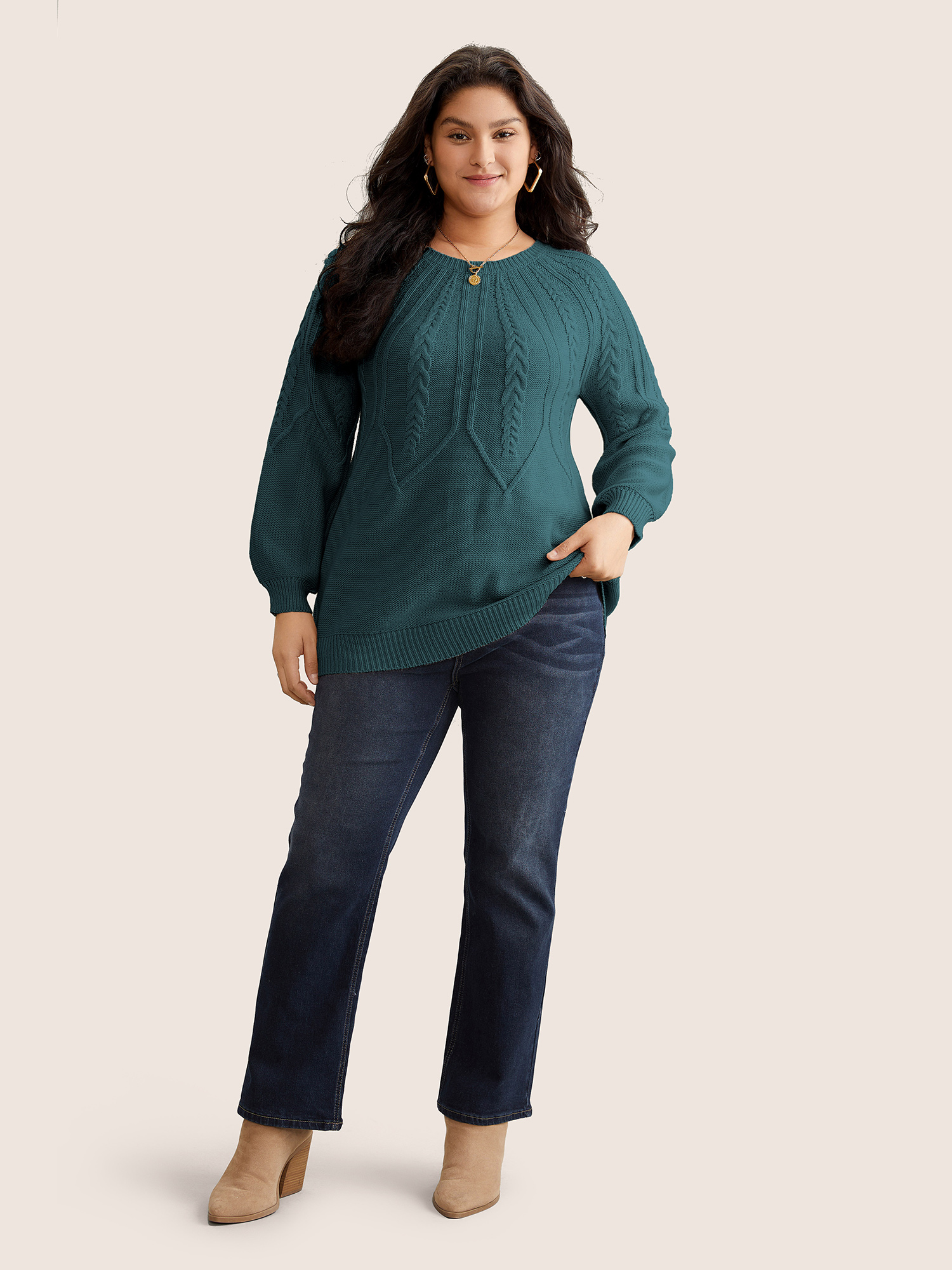 

Plus Size Solid Textured Lantern Sleeve Pullover Cyan Women Basics Long Sleeve Round Neck Everyday Pullovers BloomChic