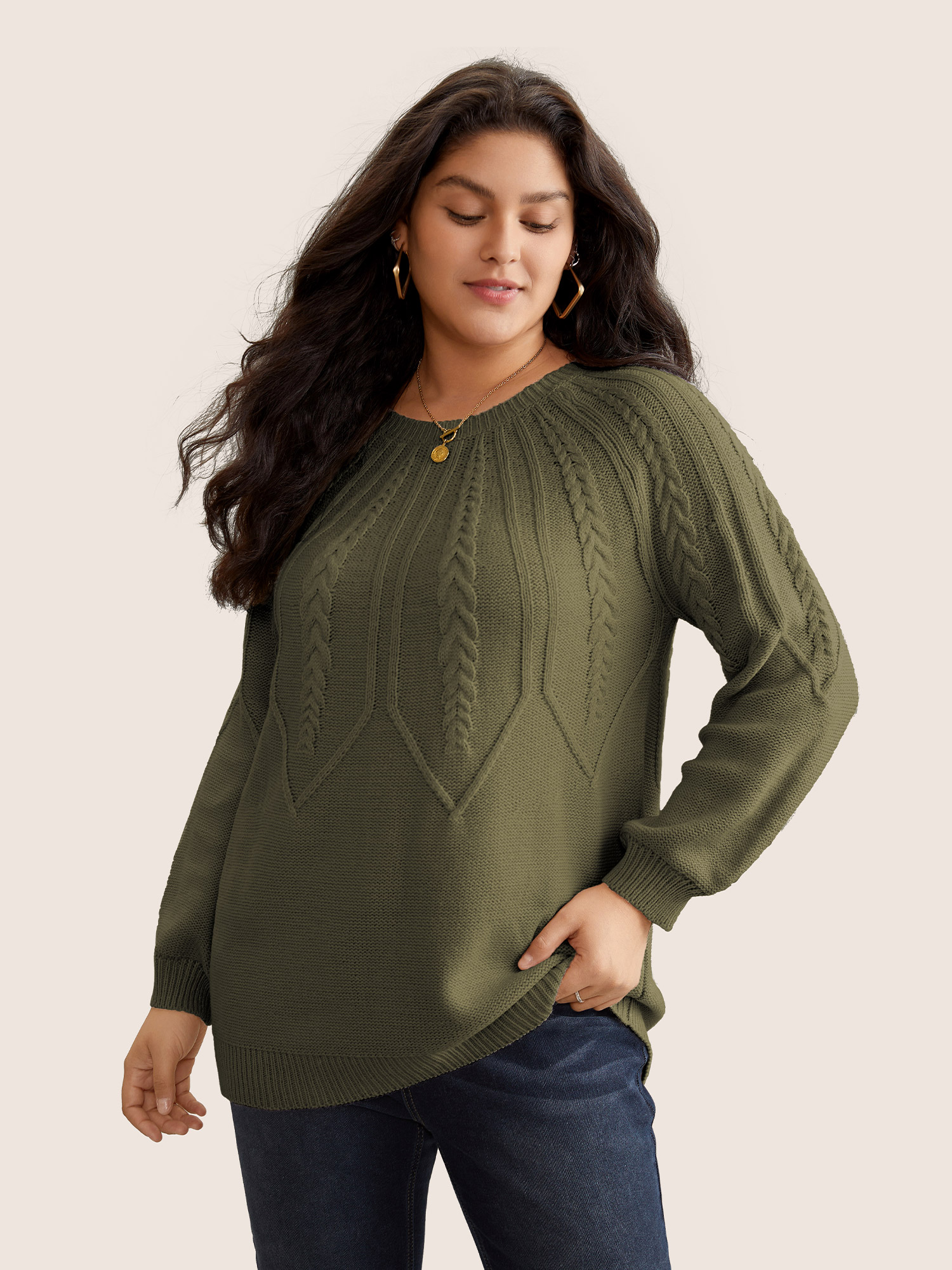 

Plus Size Solid Textured Lantern Sleeve Pullover ArmyGreen Women Basics Long Sleeve Round Neck Everyday Pullovers BloomChic