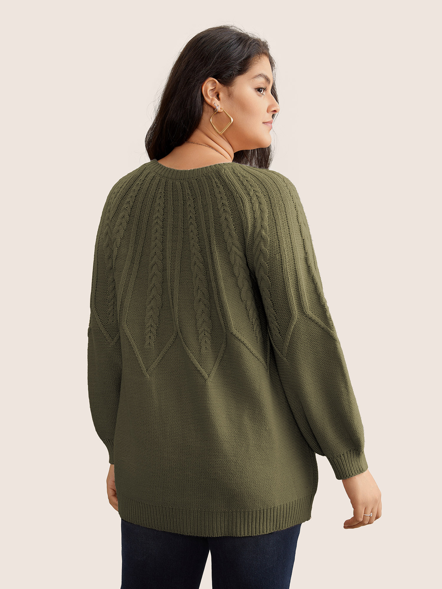 

Plus Size Solid Textured Lantern Sleeve Pullover ArmyGreen Women Basics Long Sleeve Round Neck Everyday Pullovers BloomChic
