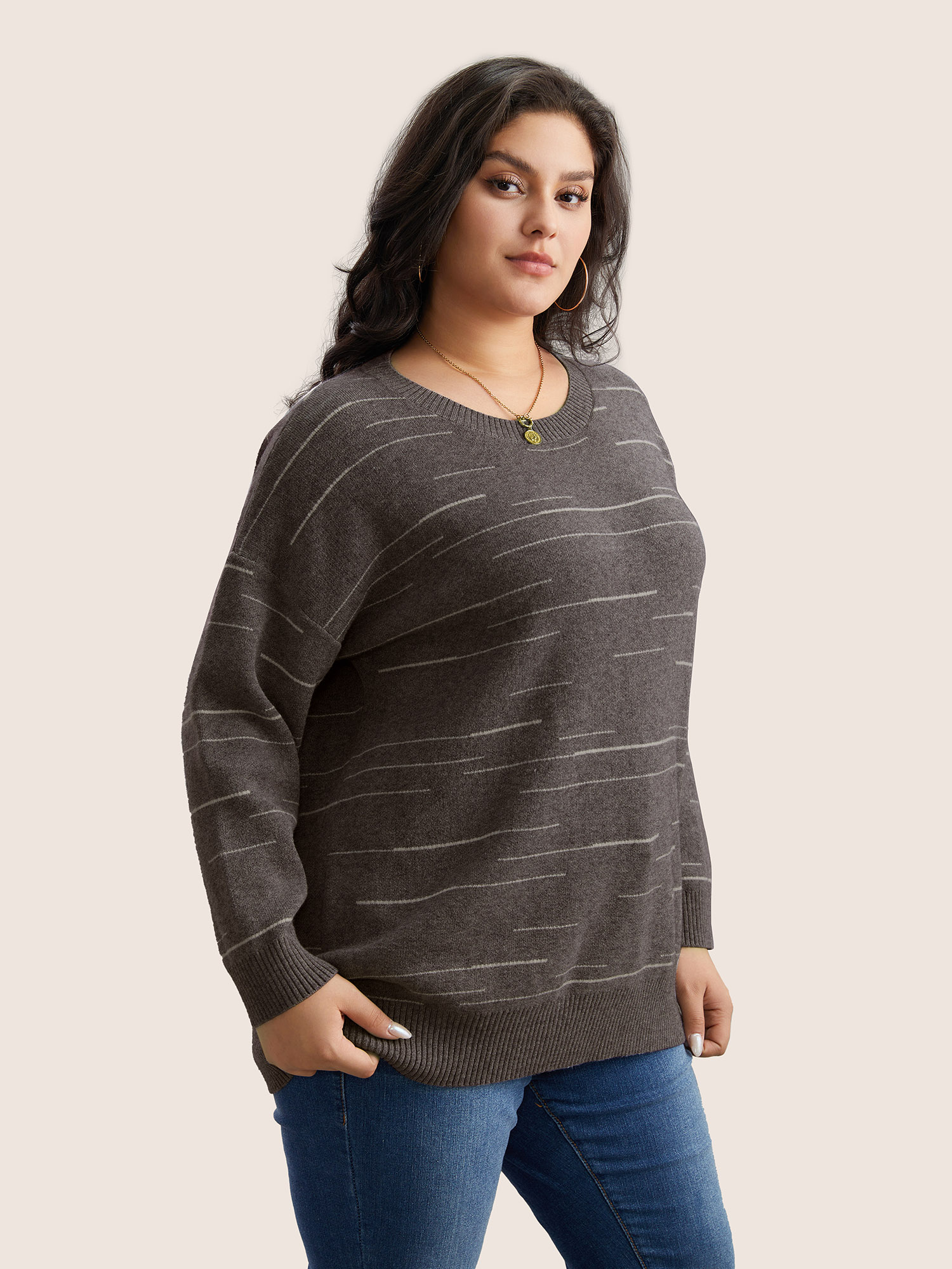 

Plus Size Supersoft Essentials Asymmetrical Striped Round Neck Pullover DarkBrown Women Casual Long Sleeve Round Neck Everyday Pullovers BloomChic