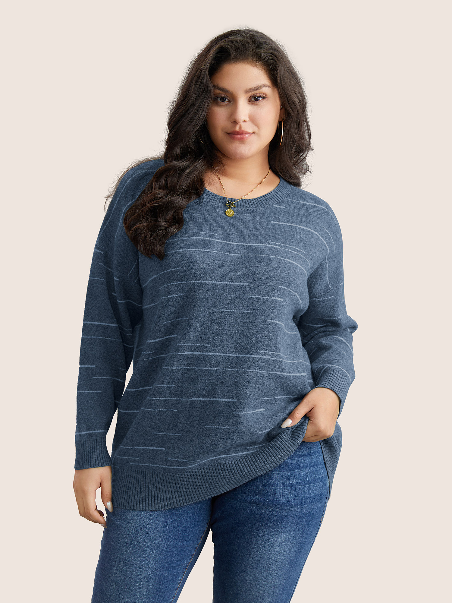 

Plus Size Supersoft Essentials Asymmetrical Striped Round Neck Pullover Aegean Women Casual Long Sleeve Round Neck Everyday Pullovers BloomChic