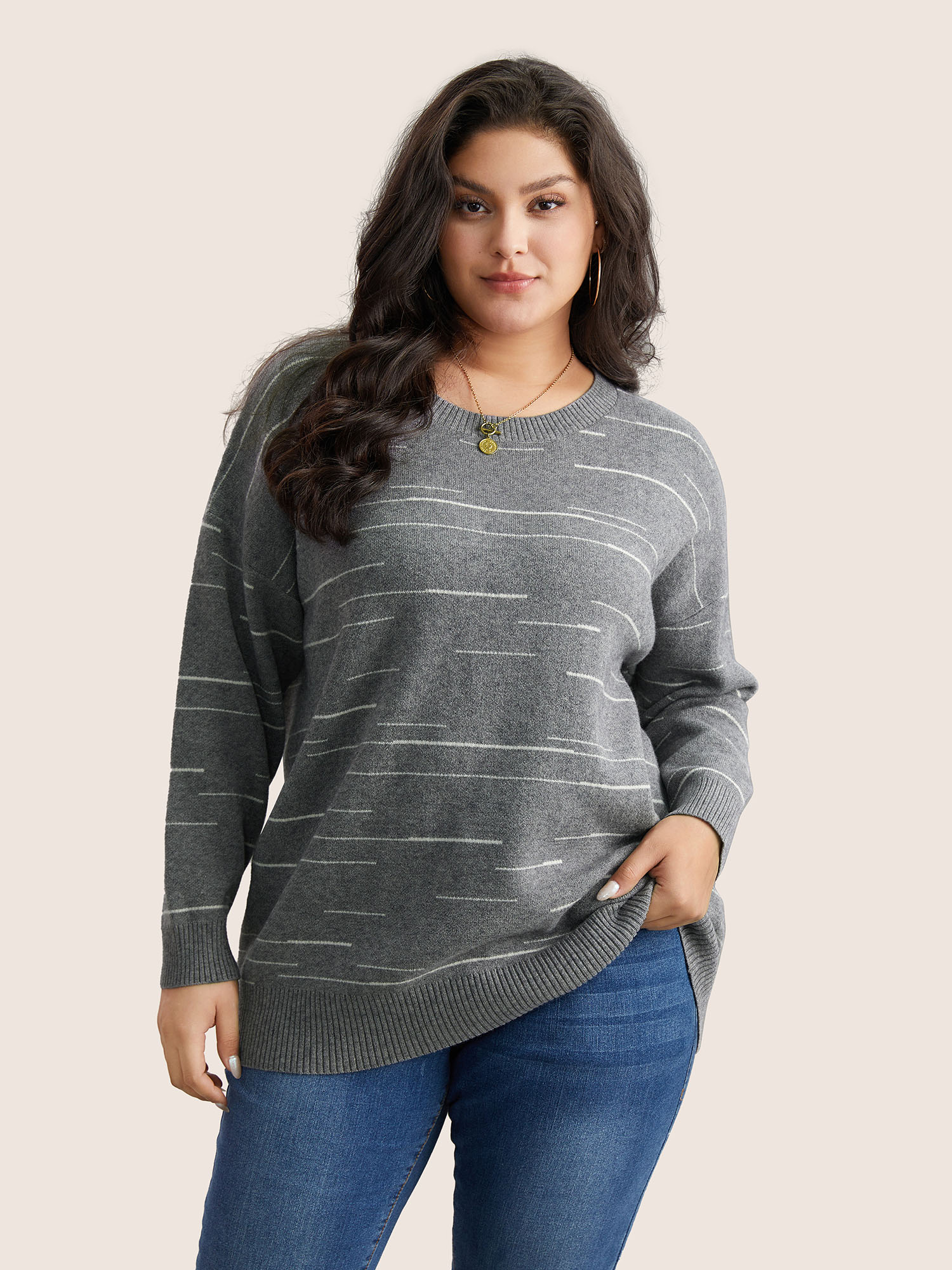 

Plus Size Supersoft Essentials Asymmetrical Striped Round Neck Pullover Gray Women Casual Long Sleeve Round Neck Everyday Pullovers BloomChic