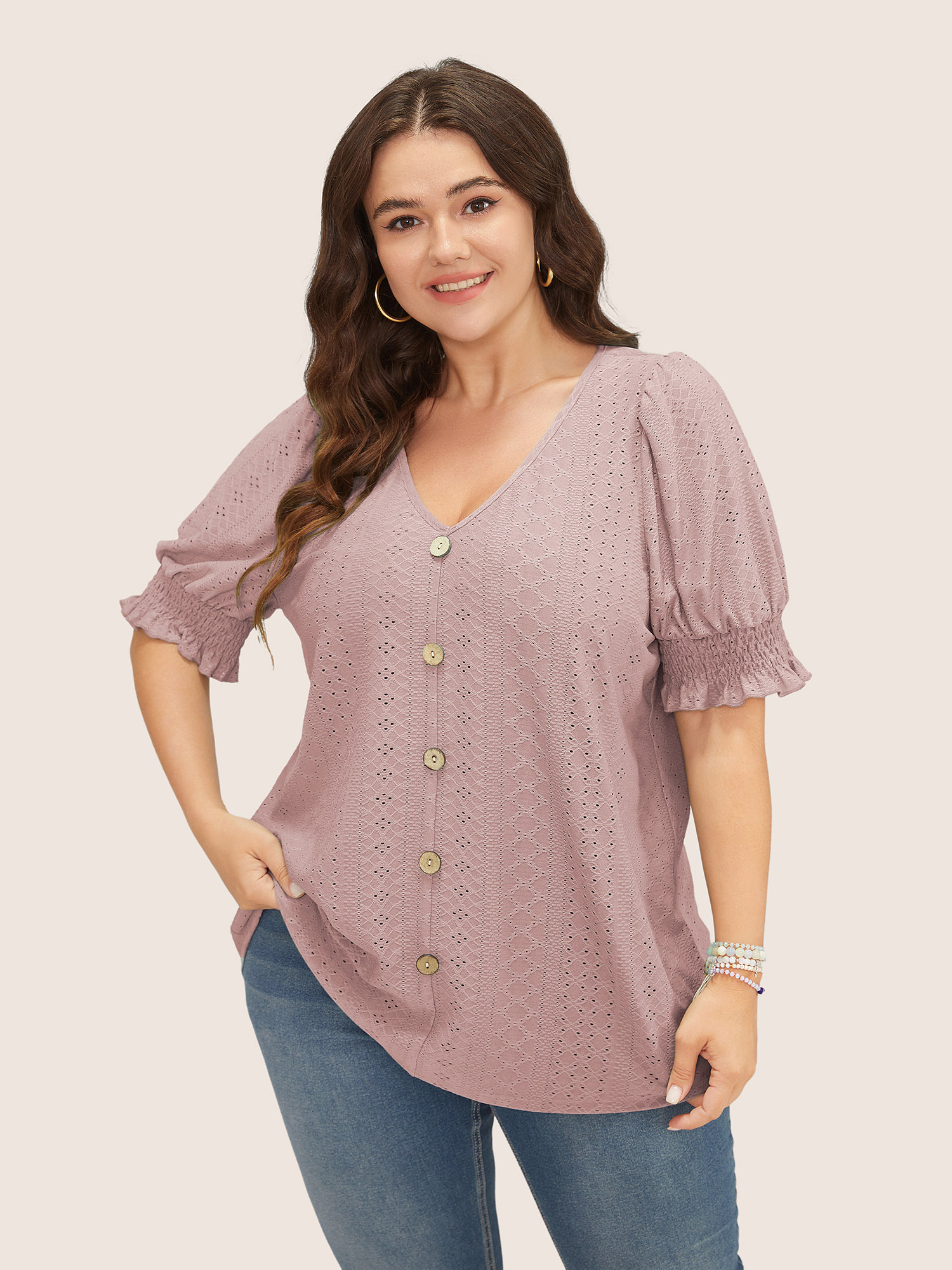 

Plus Size Plain Broderie Anglaise Shirred Puff Sleeve Button Detail T-shirt Rouge Women Casual Button Plain V-neck Everyday T-shirts BloomChic