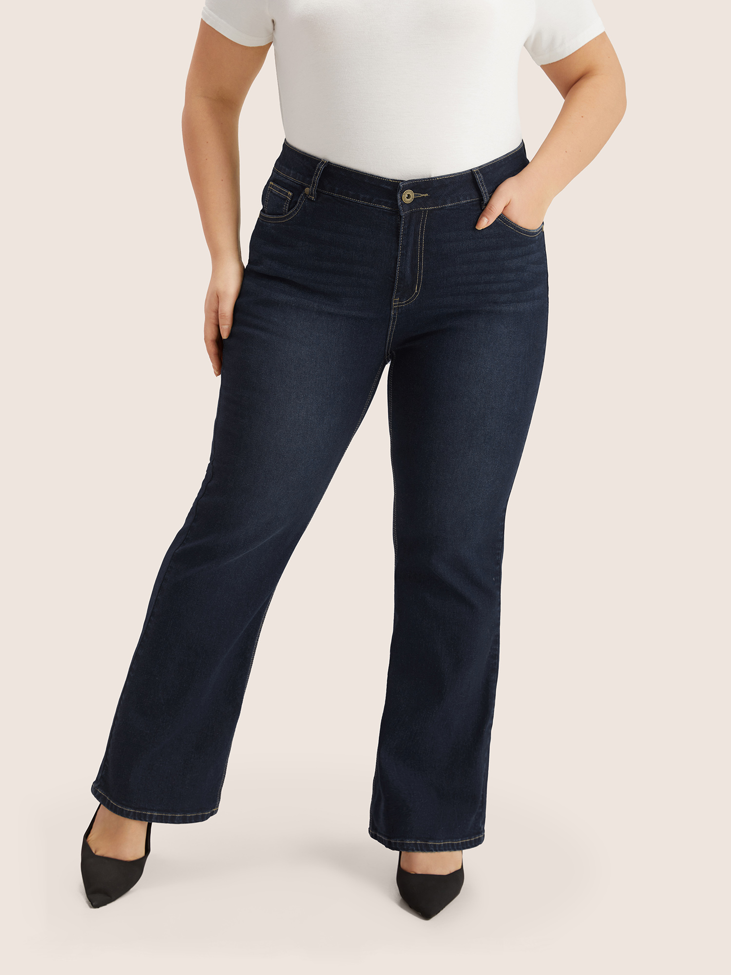 

Plus Size Plain Bootcut Pocket Zipper Fly Jeans Women DarkBlue Casual Plain Non High stretch Slanted pocket Jeans BloomChic