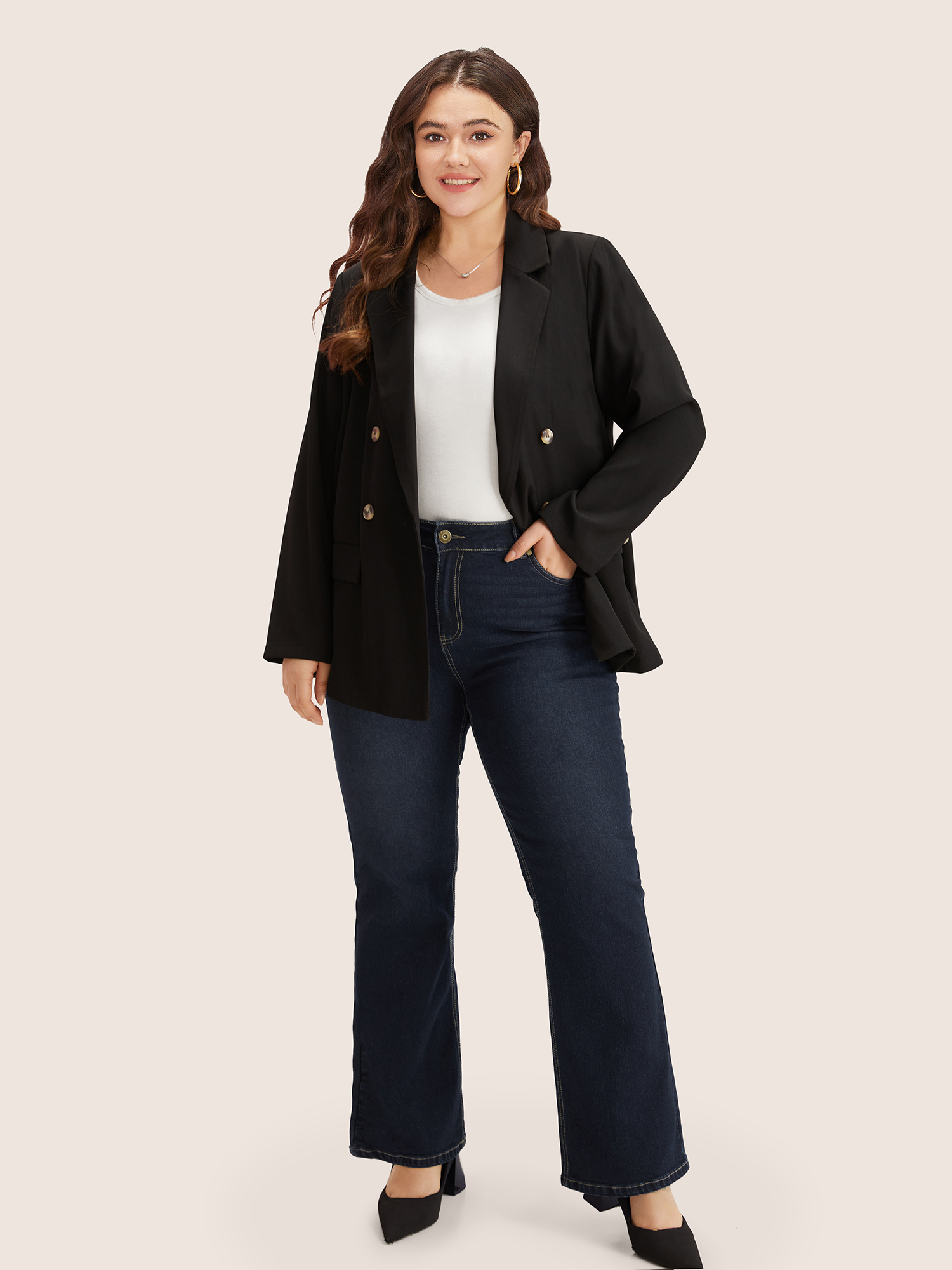 Plus Size Plain Bootcut Pocket Zipper Fly Jeans Women DarkBlue Casual Plain Non High stretch Slanted pocket Jeans BloomChic 24/3X 