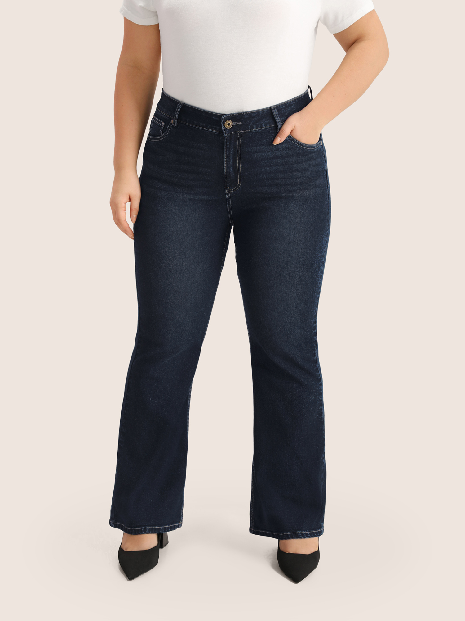 Plus Size Plain Bootcut Pocket Zipper Fly Jeans Women DarkBlue Casual Plain Non High stretch Slanted pocket Jeans BloomChic 24/3X 