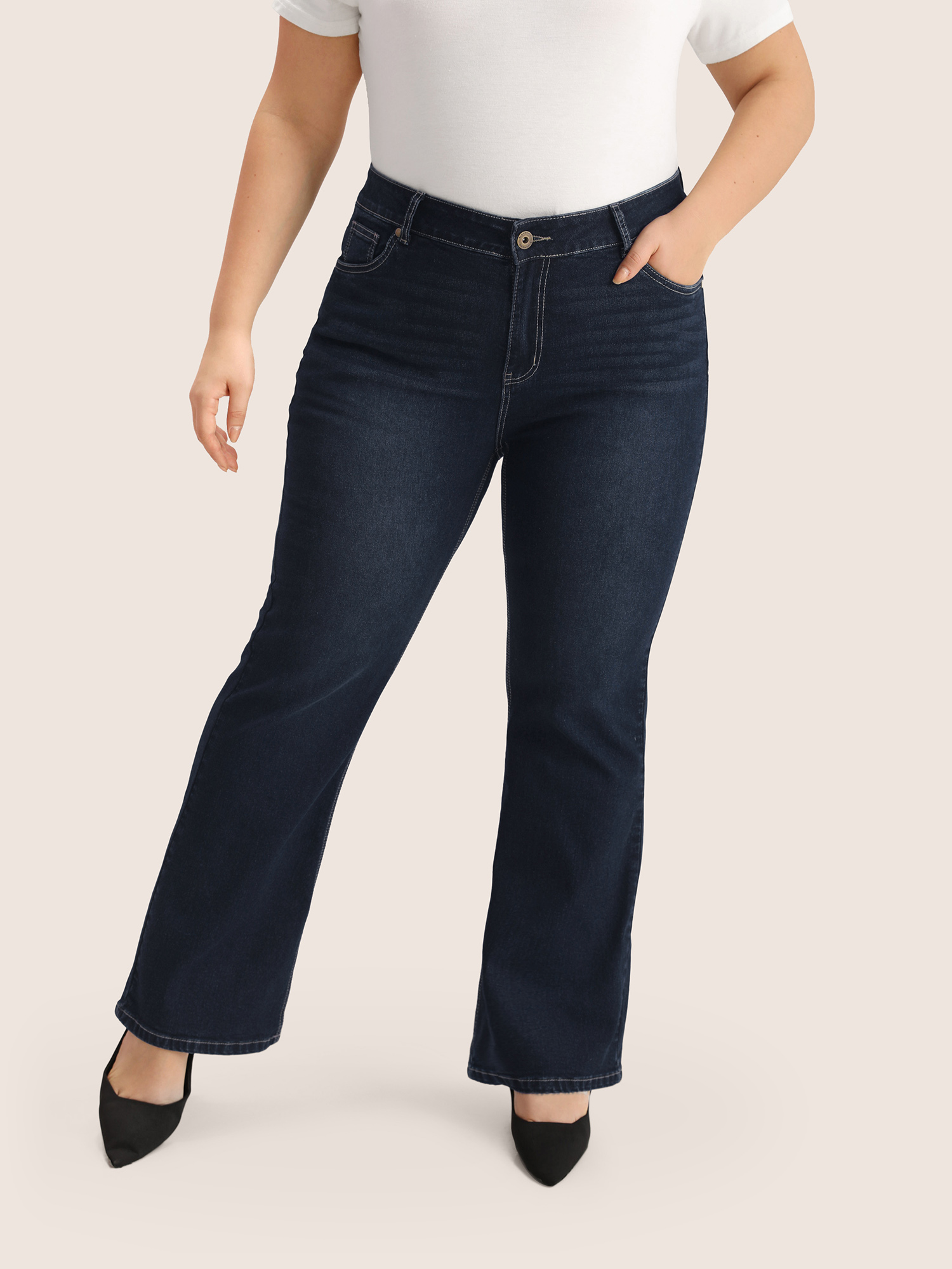 Plus Size Plain Bootcut Pocket Zipper Fly Jeans Women DarkBlue Casual Plain Non High stretch Slanted pocket Jeans BloomChic 24/3X 