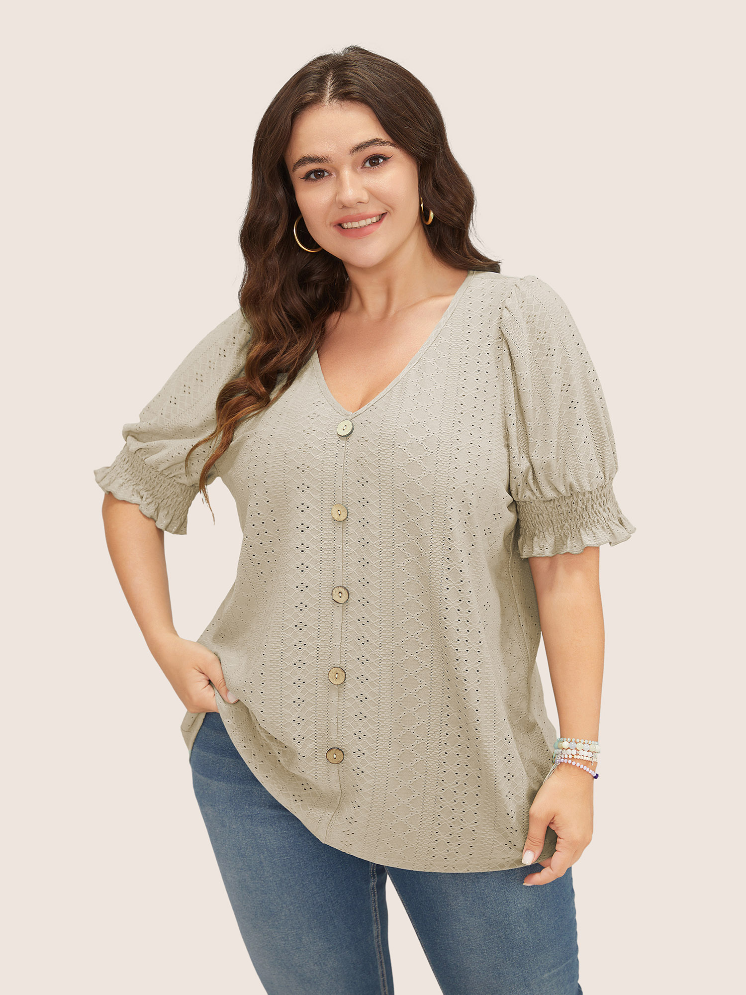 

Plus Size Plain Broderie Anglaise Shirred Puff Sleeve Button Detail T-shirt Beige Women Casual Button Plain V-neck Everyday T-shirts BloomChic