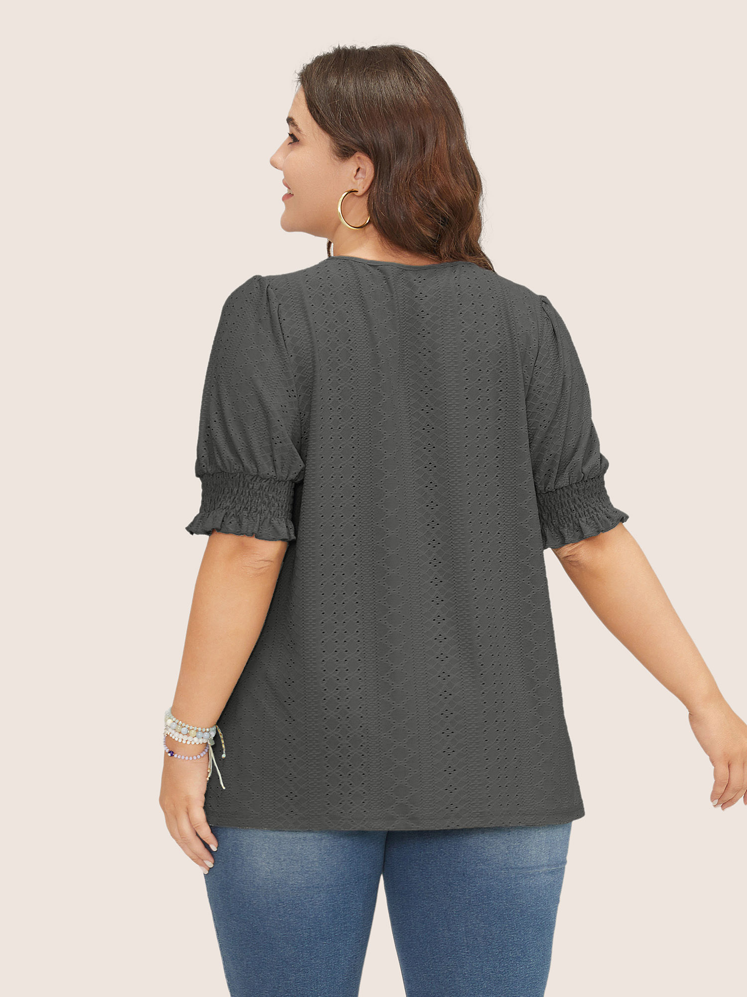 Plus Size Plain Broderie Anglaise Shirred Puff Sleeve Button Detail T-shirt Gray Women Casual Button Plain V-neck Everyday T-shirts BloomChic 18-20/2X 