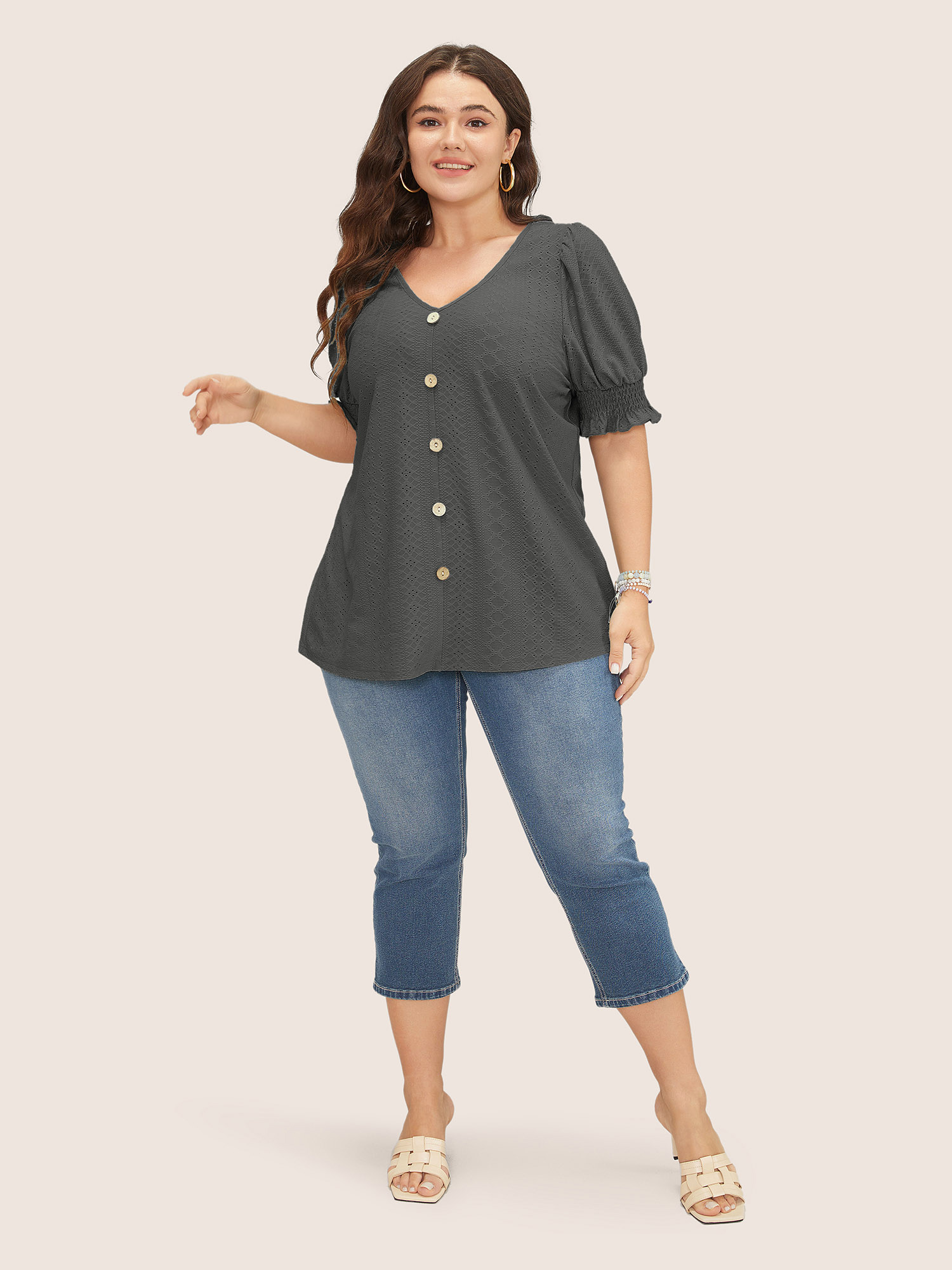 Plus Size Plain Broderie Anglaise Shirred Puff Sleeve Button Detail T-shirt Gray Women Casual Button Plain V-neck Everyday T-shirts BloomChic 18-20/2X 