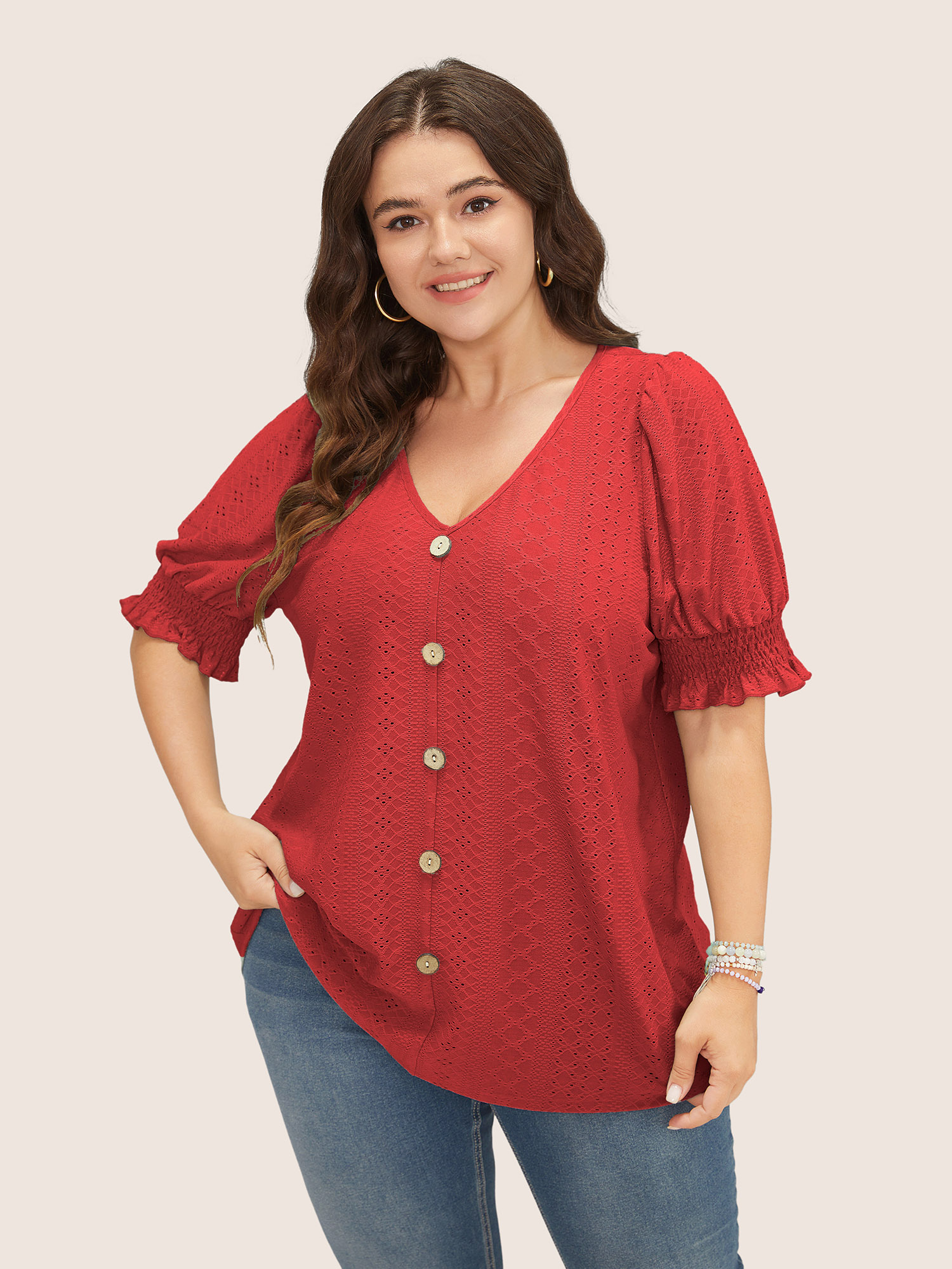 

Plus Size Plain Broderie Anglaise Shirred Puff Sleeve Button Detail T-shirt Red Women Casual Button Plain V-neck Everyday T-shirts BloomChic