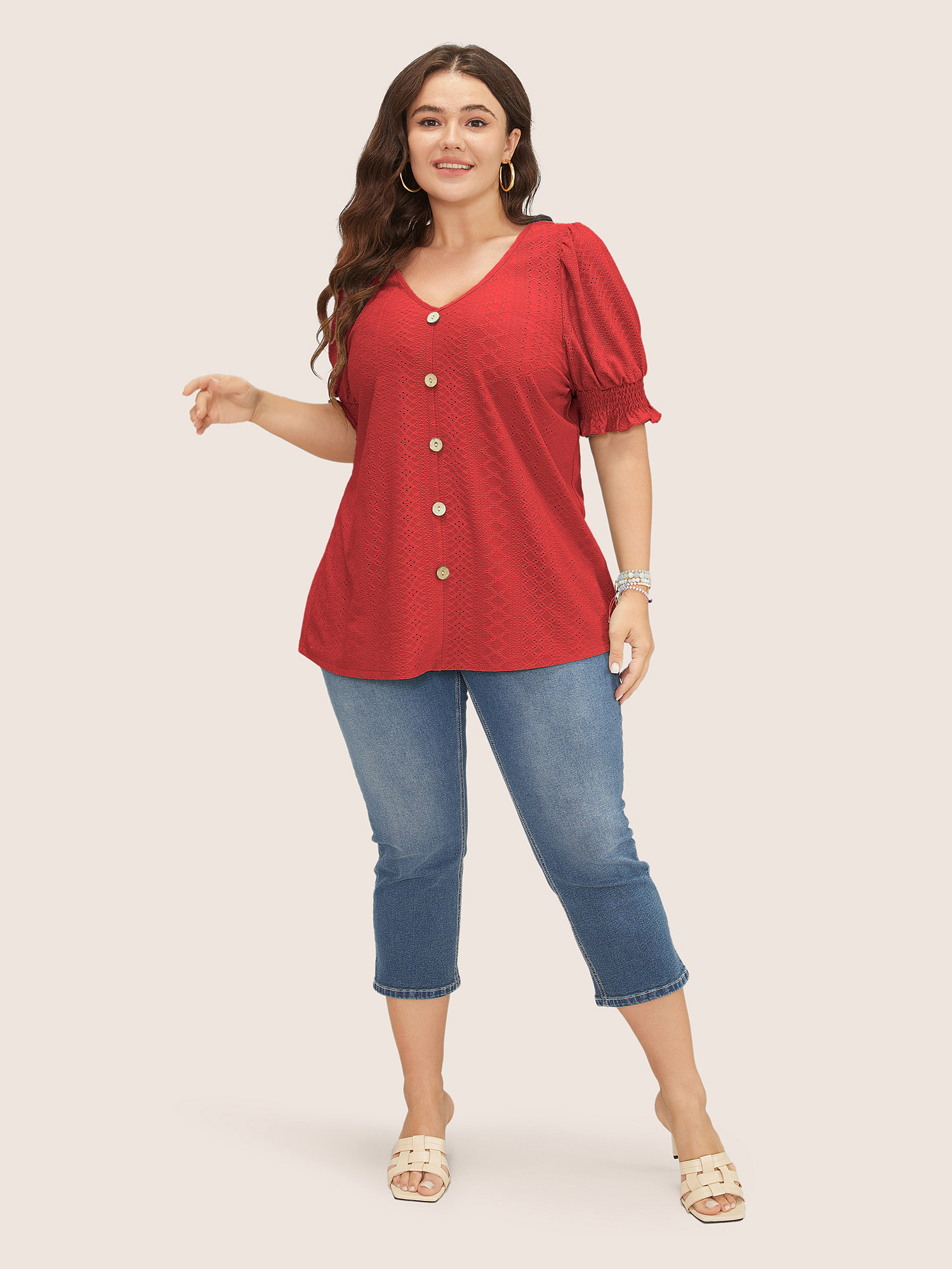 

Plus Size Plain Broderie Anglaise Shirred Puff Sleeve Button Detail T-shirt Red Women Casual Button Plain V-neck Everyday T-shirts BloomChic