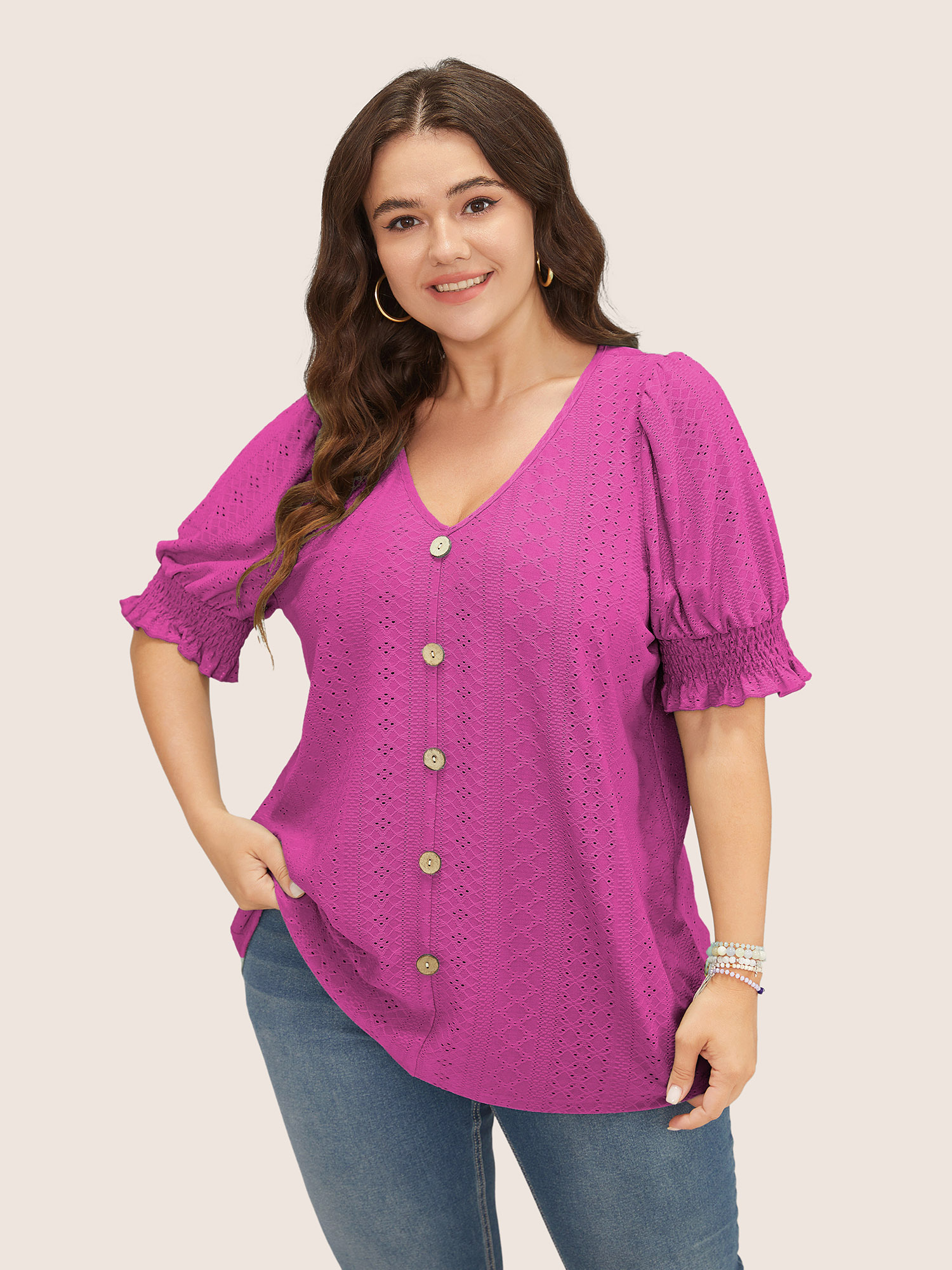 

Plus Size Plain Broderie Anglaise Shirred Puff Sleeve Button Detail T-shirt RedViolet Women Casual Button Plain V-neck Everyday T-shirts BloomChic