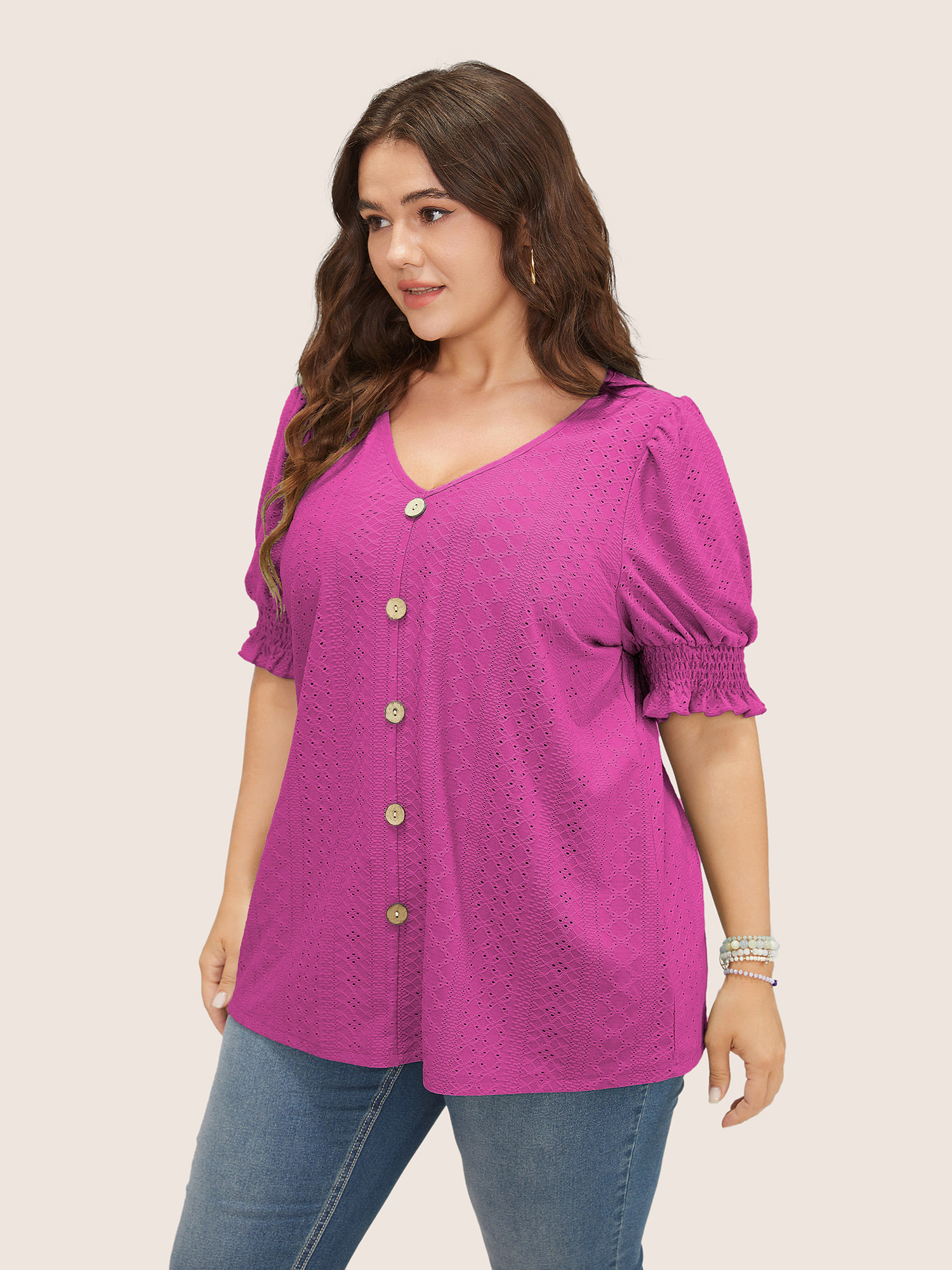 

Plus Size Plain Broderie Anglaise Shirred Puff Sleeve Button Detail T-shirt RedViolet Women Casual Button Plain V-neck Everyday T-shirts BloomChic