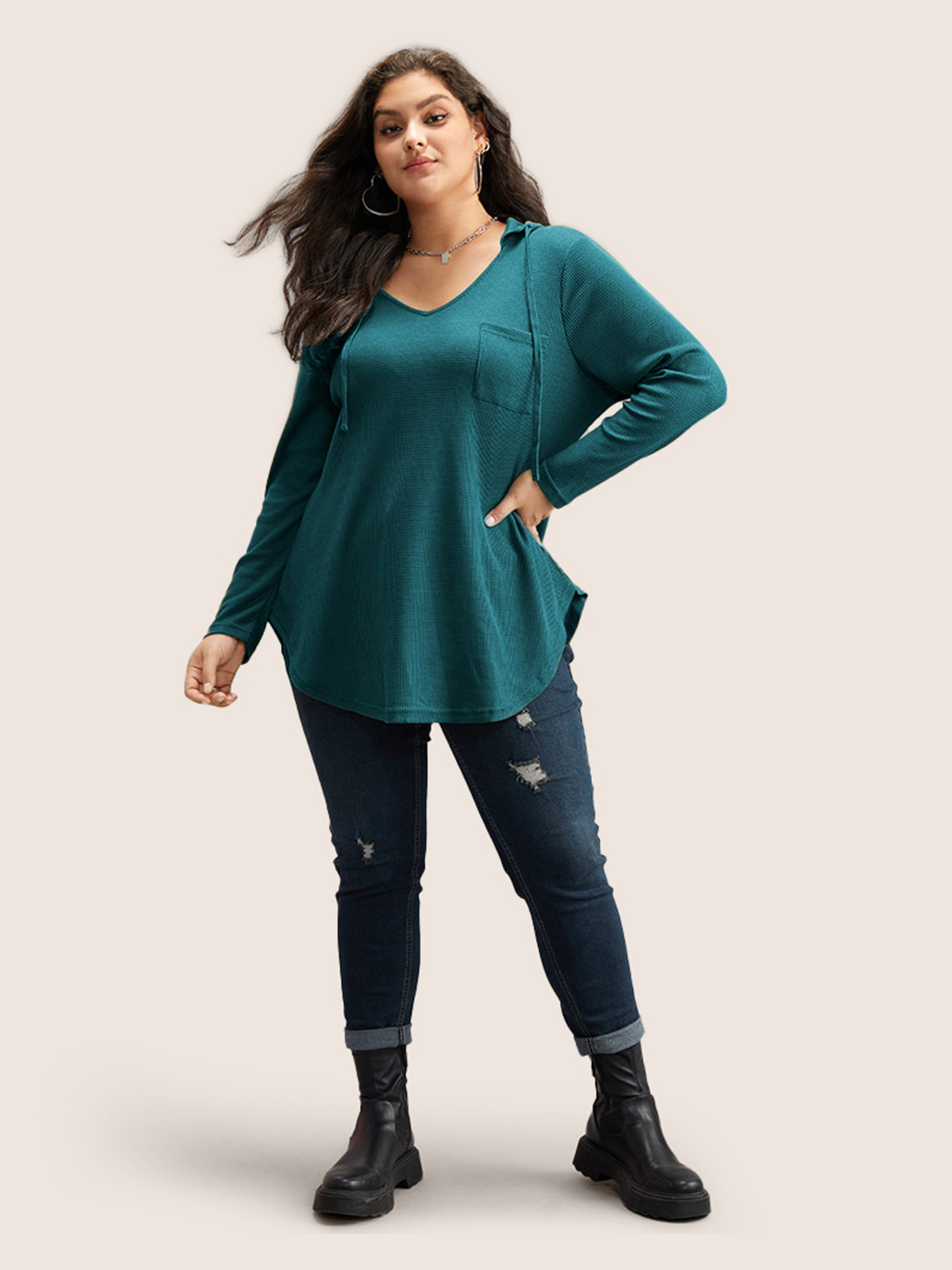 

Plus Size Waffle Knit Pocket Hooded Drawstring Arc Hem T-shirt Teal Women Casual Texture Plain Hooded Everyday T-shirts BloomChic