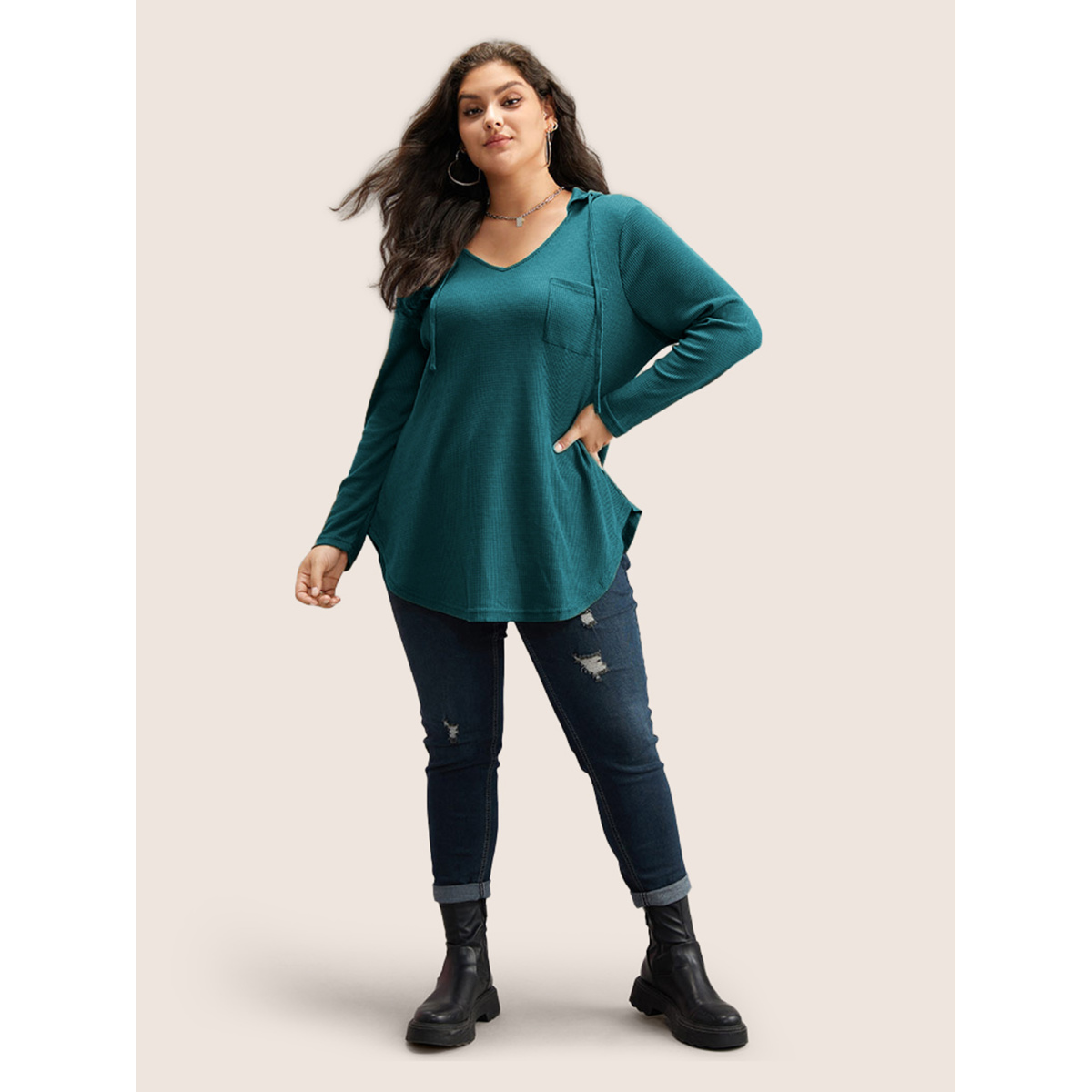 

Plus Size Waffle Knit Pocket Hooded Drawstring Arc Hem T-shirt Teal Women Casual Texture Plain Hooded Everyday T-shirts BloomChic