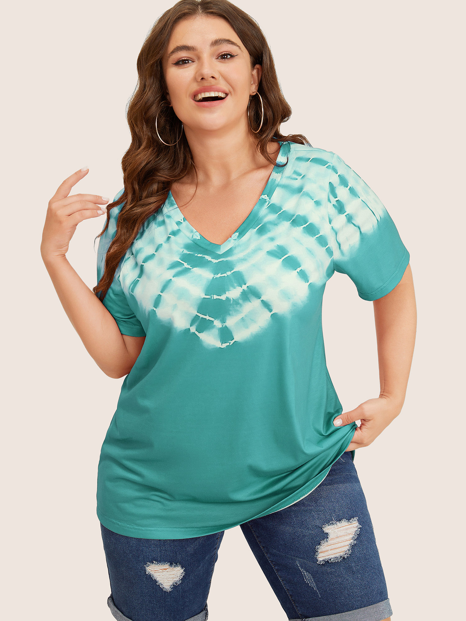 

Plus Size Tie Dye Short Sleeve V Neck T-shirt Teal Women Casual Tie Dye V-neck Everyday T-shirts BloomChic