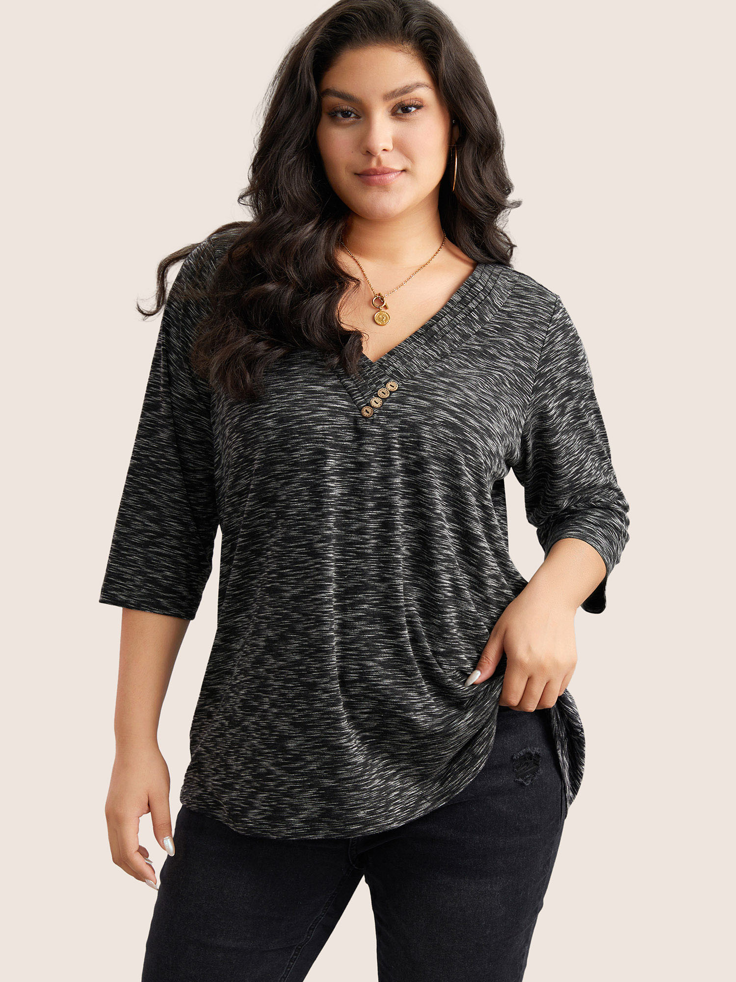 

Plus Size Heather Pleated Button Detail T-shirt Black Women Casual Pleated Plain V-neck Everyday T-shirts BloomChic