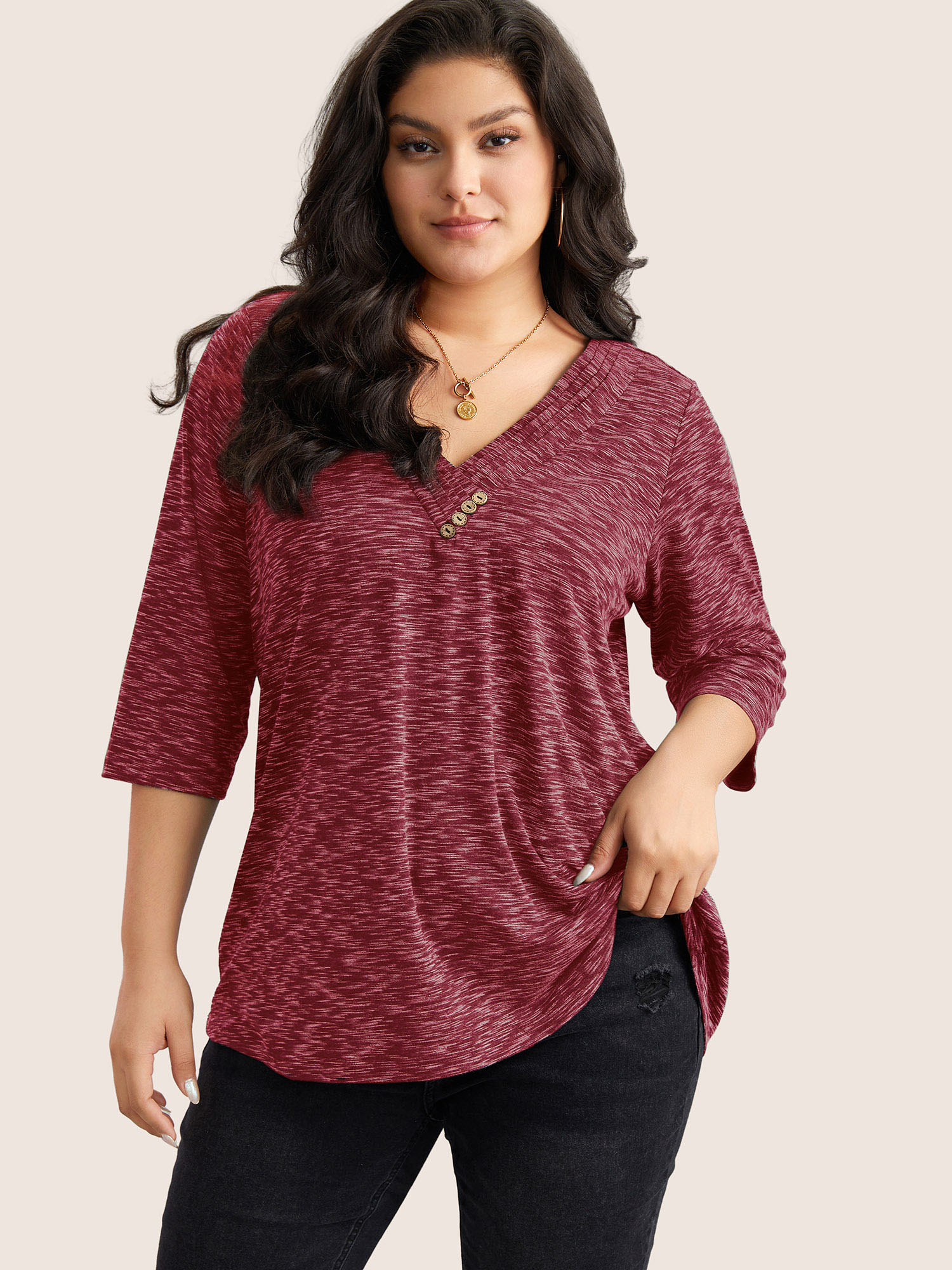 

Plus Size Heather Pleated Button Detail T-shirt Raspberry Women Casual Pleated Plain V-neck Everyday T-shirts BloomChic