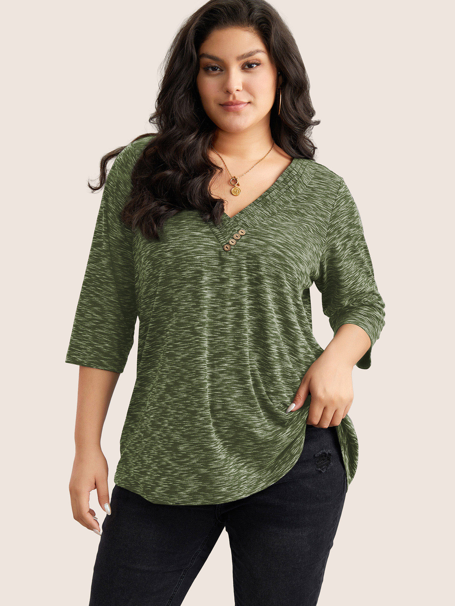 

Plus Size Heather Pleated Button Detail T-shirt Green Women Casual Pleated Plain V-neck Everyday T-shirts BloomChic