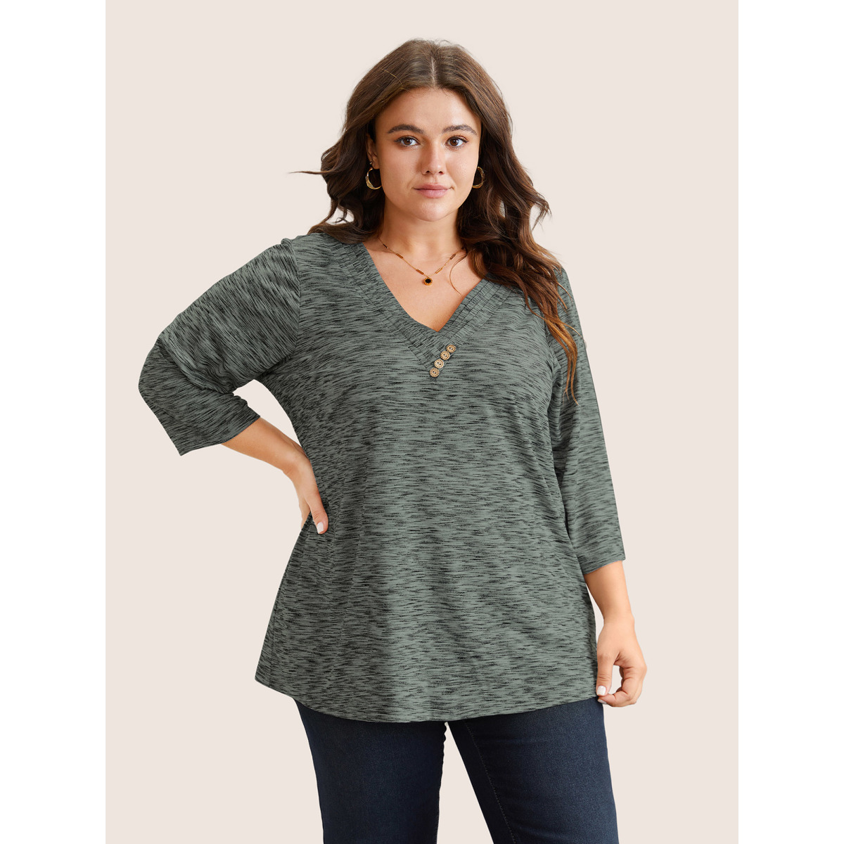

Plus Size Heather Pleated Button Detail T-shirt Stone Women Casual Pleated Plain V-neck Everyday T-shirts BloomChic