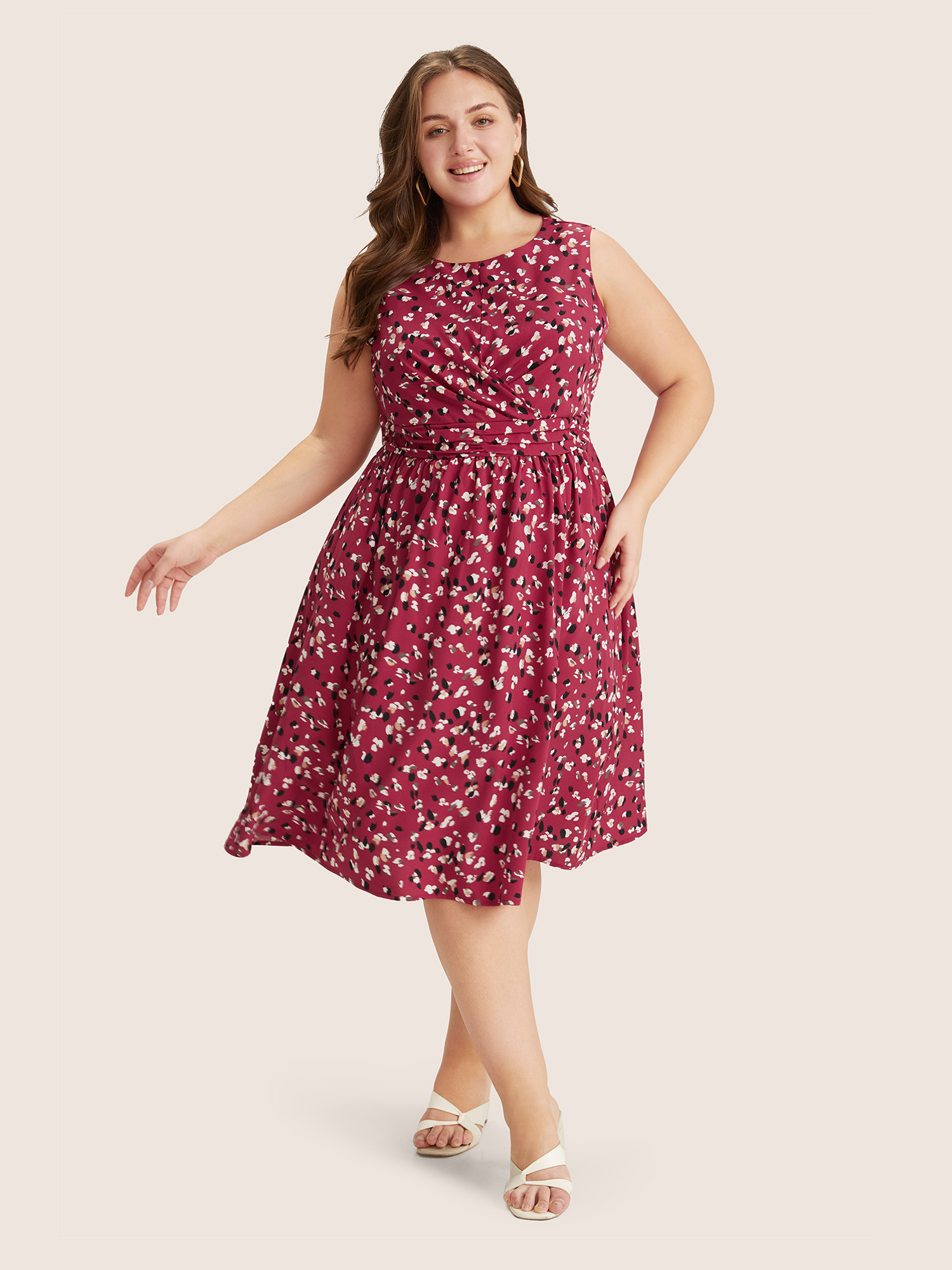 

Plus Size Allover Print Pocket Flutter Crossover Ruched Tank Dress Burgundy Women Elegant Twist Round Neck Sleeveless Curvy Midi Dress BloomChic