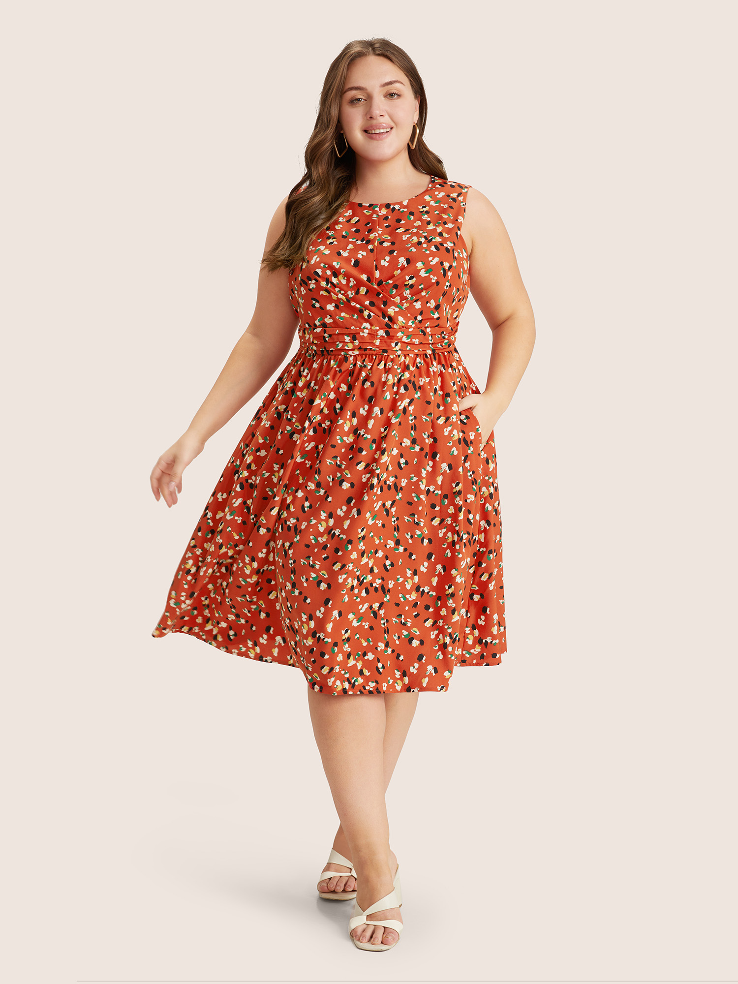 

Plus Size Allover Print Pocket Flutter Crossover Ruched Tank Dress OrangeRed Women Elegant Twist Round Neck Sleeveless Curvy Midi Dress BloomChic