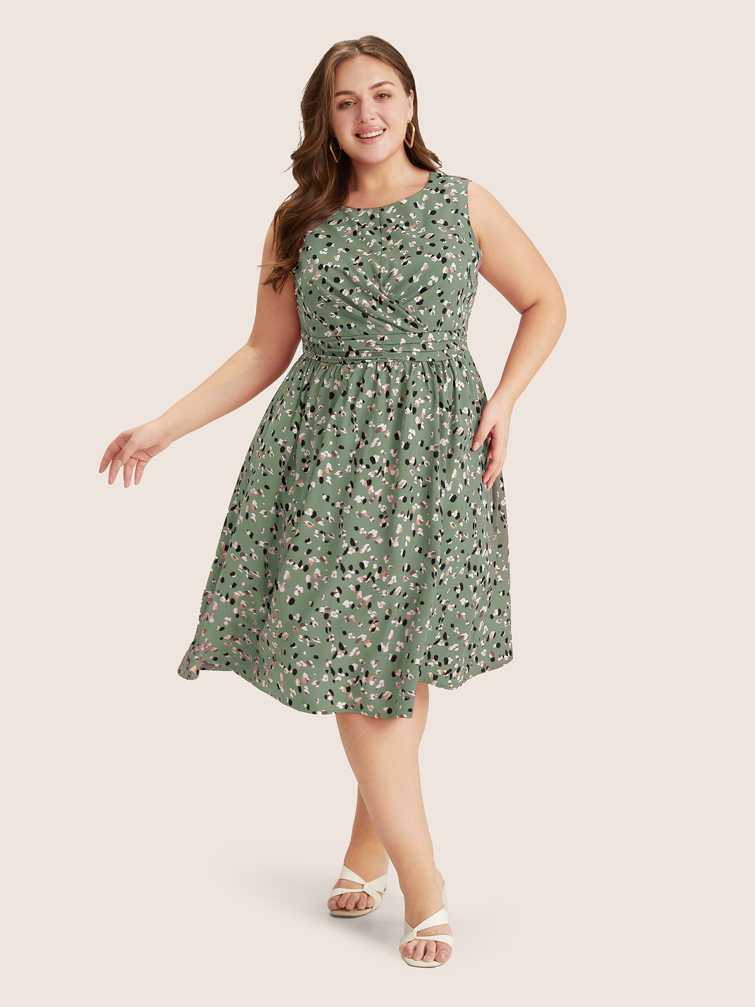 

Plus Size Allover Print Pocket Flutter Crossover Ruched Tank Dress Mint Women Twist Curvy Midi Dress BloomChic