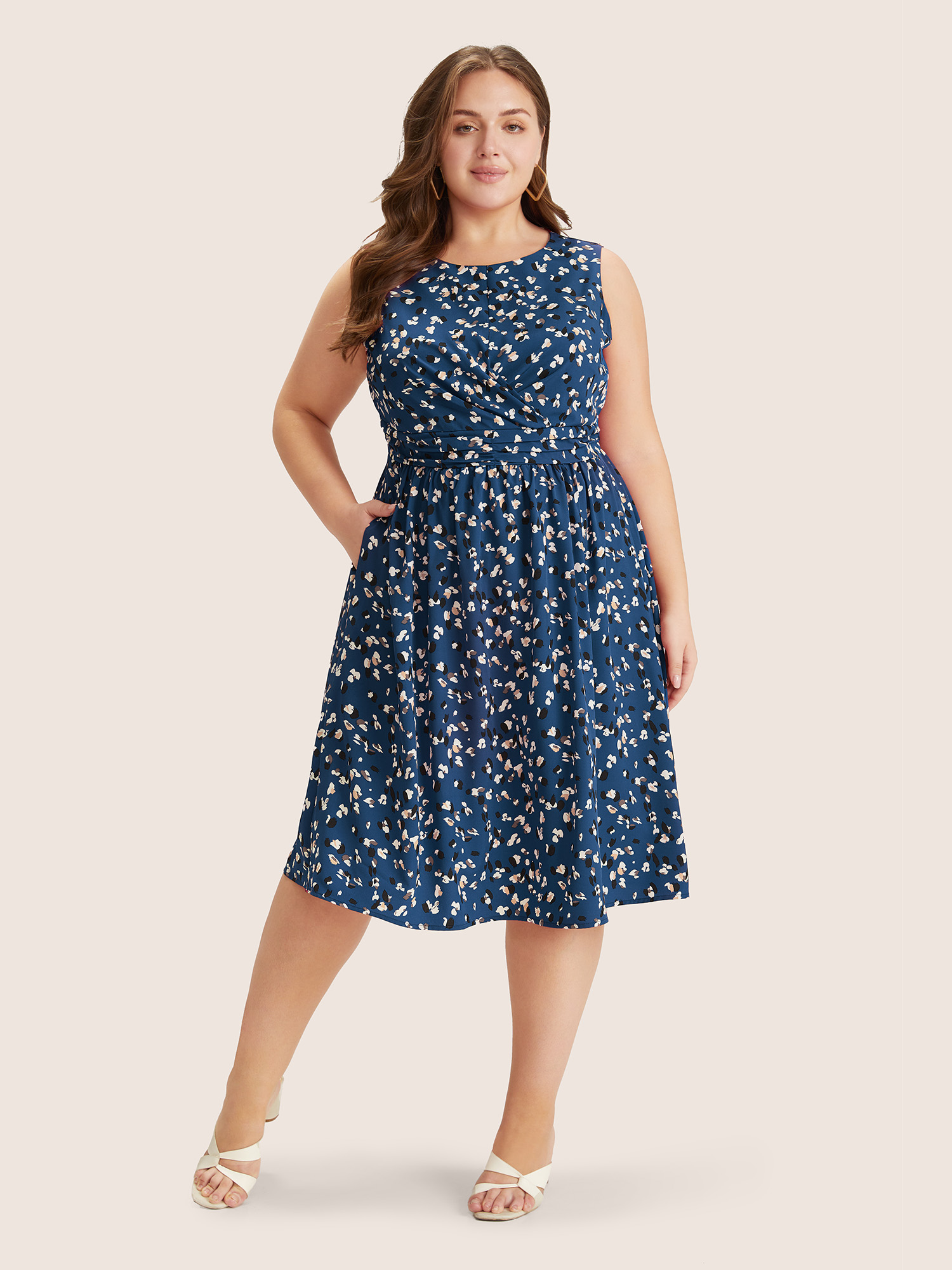 

Plus Size Allover Print Pocket Flutter Crossover Ruched Tank Dress Aegean Women Elegant Twist Round Neck Sleeveless Curvy Midi Dress BloomChic