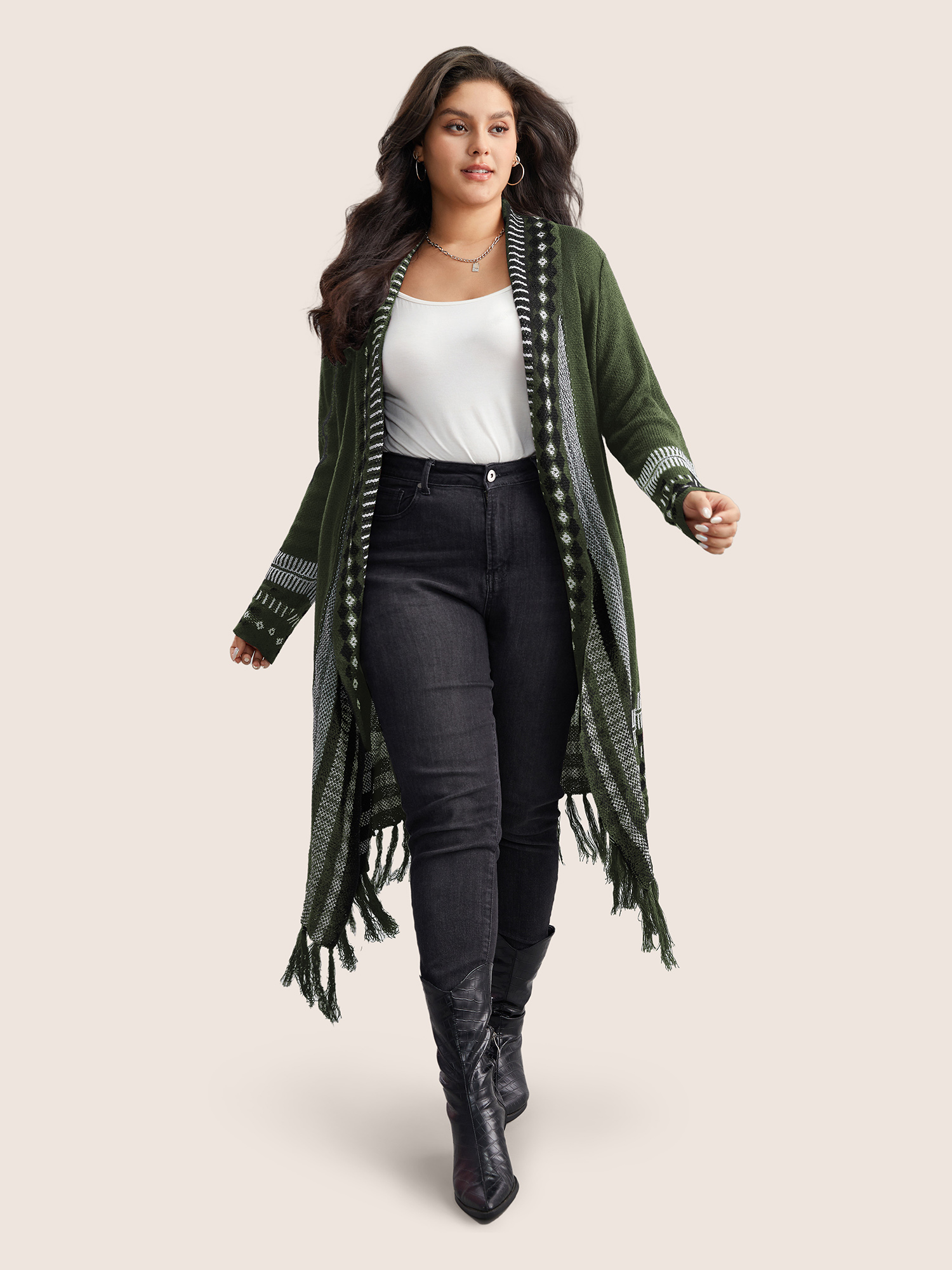 

Plus Size Bandana Print Fringe Trim Maxi Cardigan ArmyGreen Women Casual Long Sleeve Everyday Cardigans BloomChic