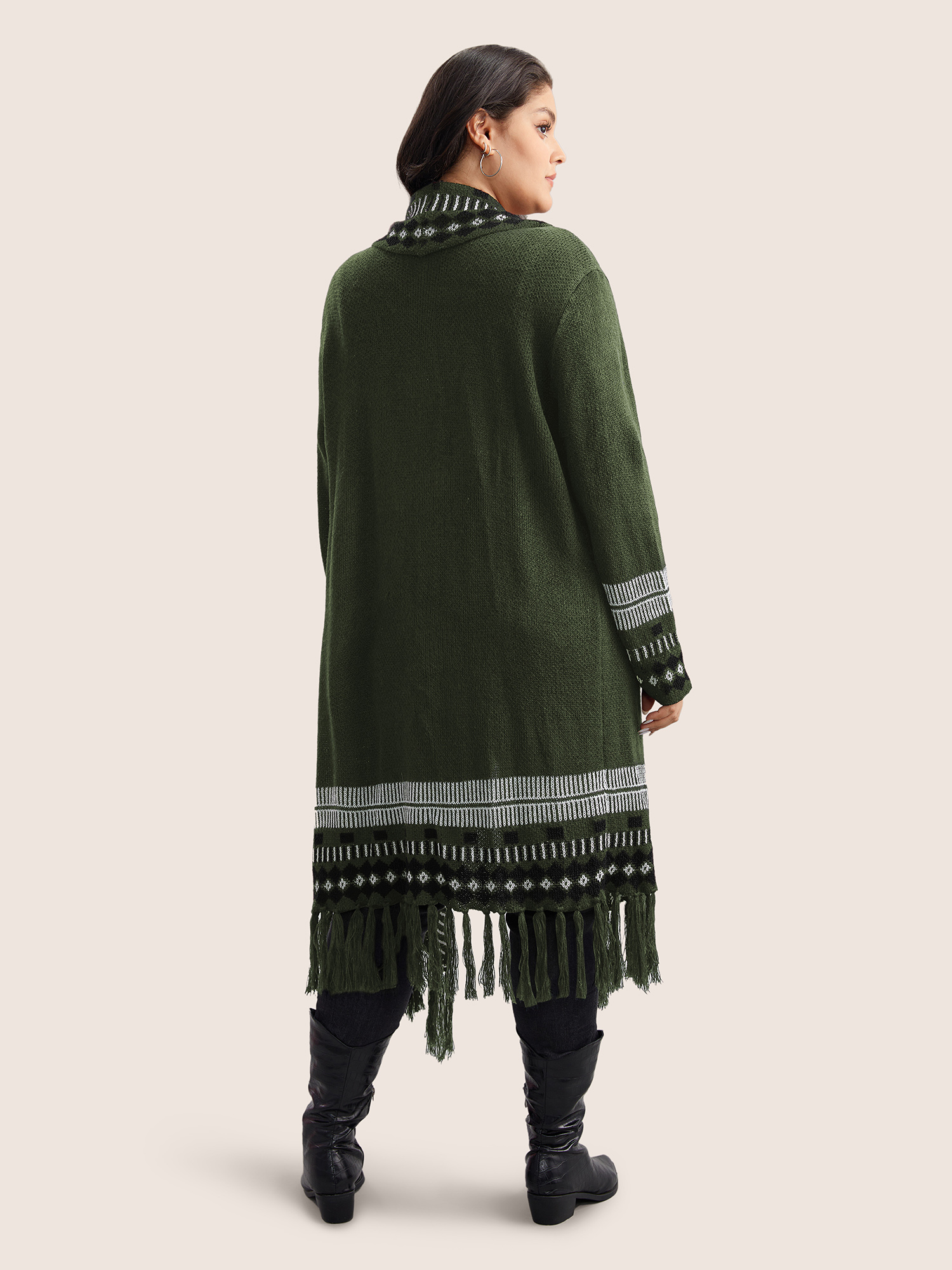 Plus Size Bandana Print Fringe Trim Maxi Cardigan ArmyGreen Women Casual Long Sleeve Everyday Cardigans BloomChic 28/5X 