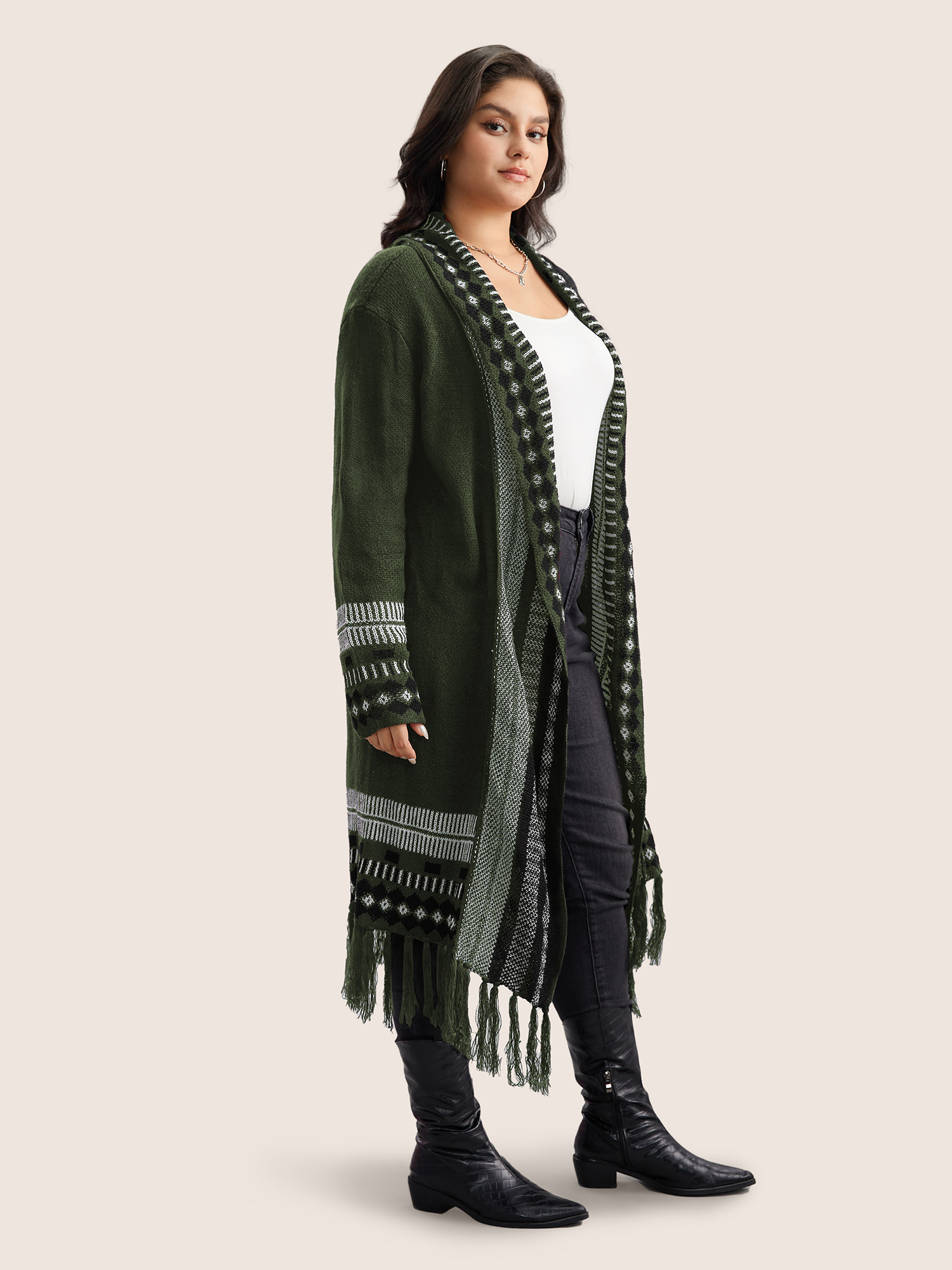 

Plus Size Bandana Print Fringe Trim Maxi Cardigan ArmyGreen Women Casual Long Sleeve Everyday Cardigans BloomChic