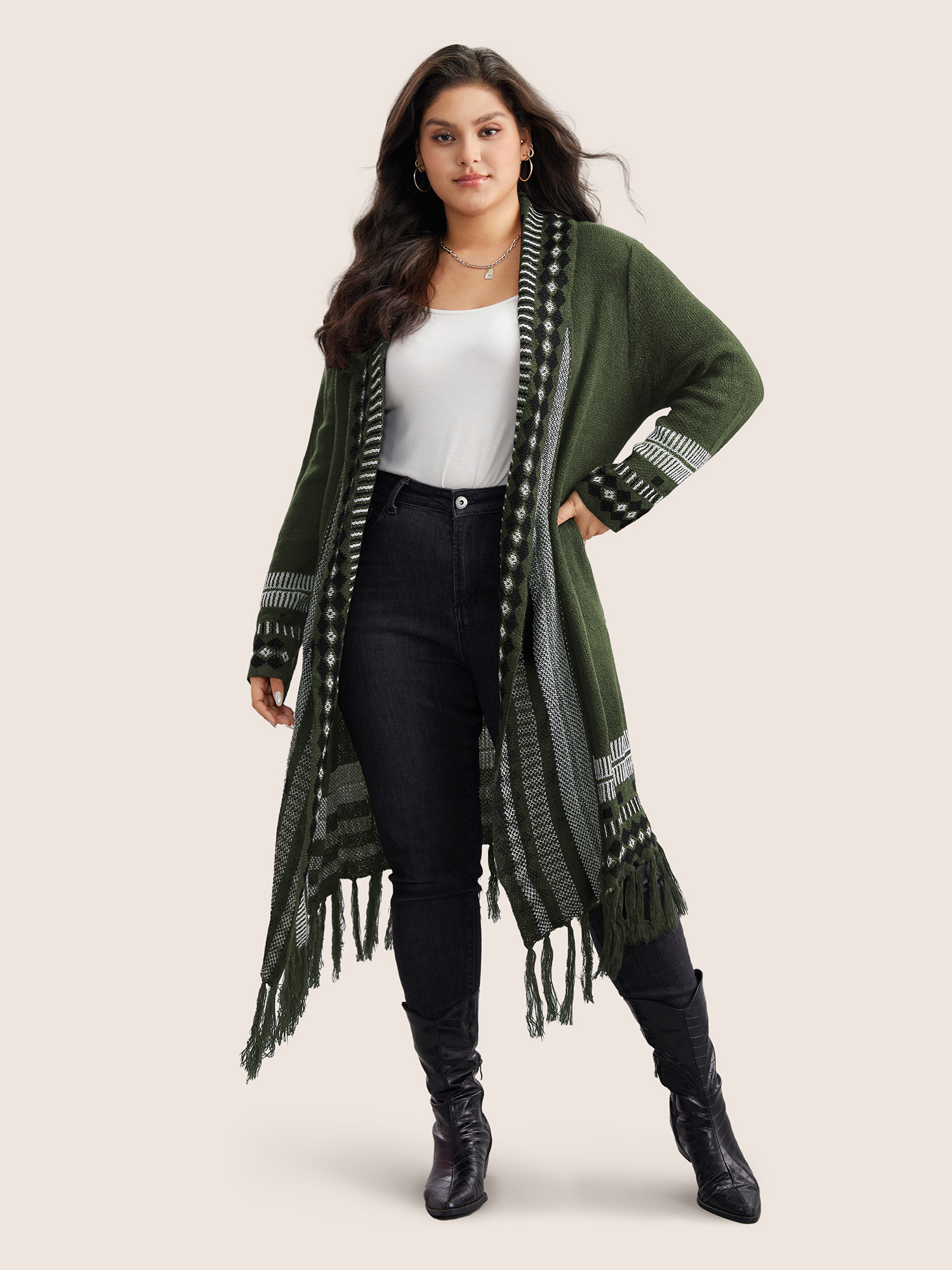 Plus Size Bandana Print Fringe Trim Maxi Cardigan ArmyGreen Women Casual Long Sleeve Everyday Cardigans BloomChic 28/5X 