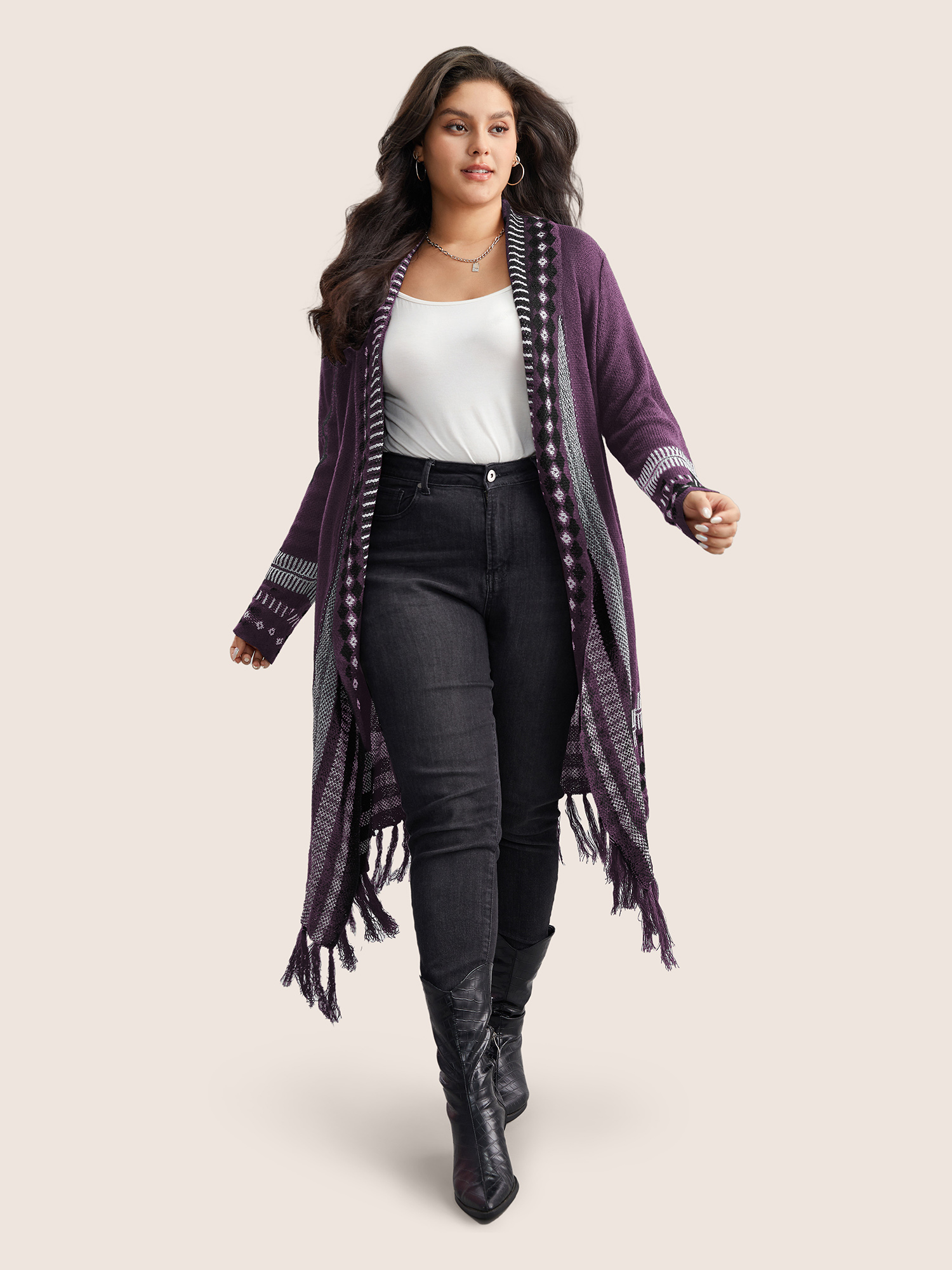 

Plus Size Bandana Print Fringe Trim Maxi Cardigan Mauve Women Casual Long Sleeve Everyday Cardigans BloomChic