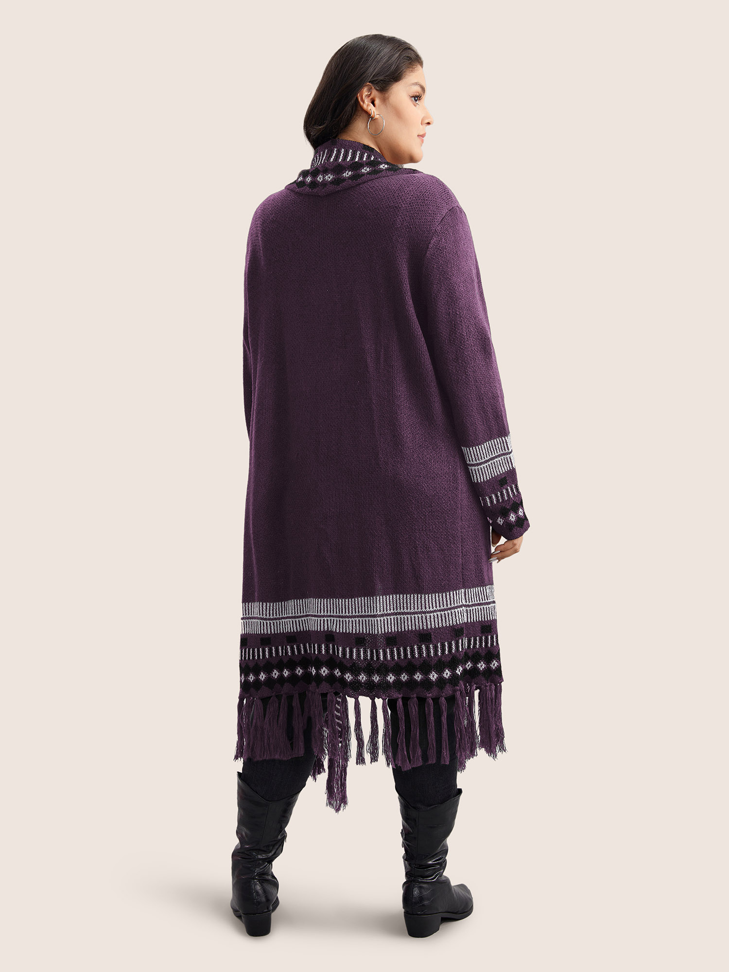 Plus Size Bandana Print Fringe Trim Maxi Cardigan Mauve Women Casual Long Sleeve Everyday Cardigans BloomChic 12/L 