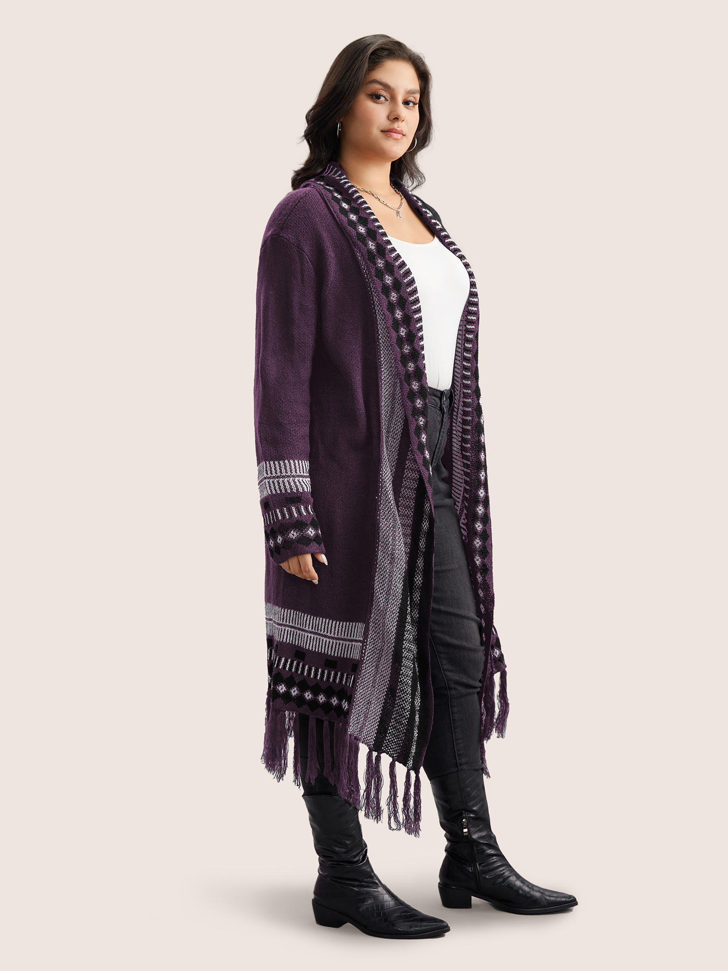Plus Size Bandana Print Fringe Trim Maxi Cardigan Mauve Women Casual Long Sleeve Everyday Cardigans BloomChic 12/L 