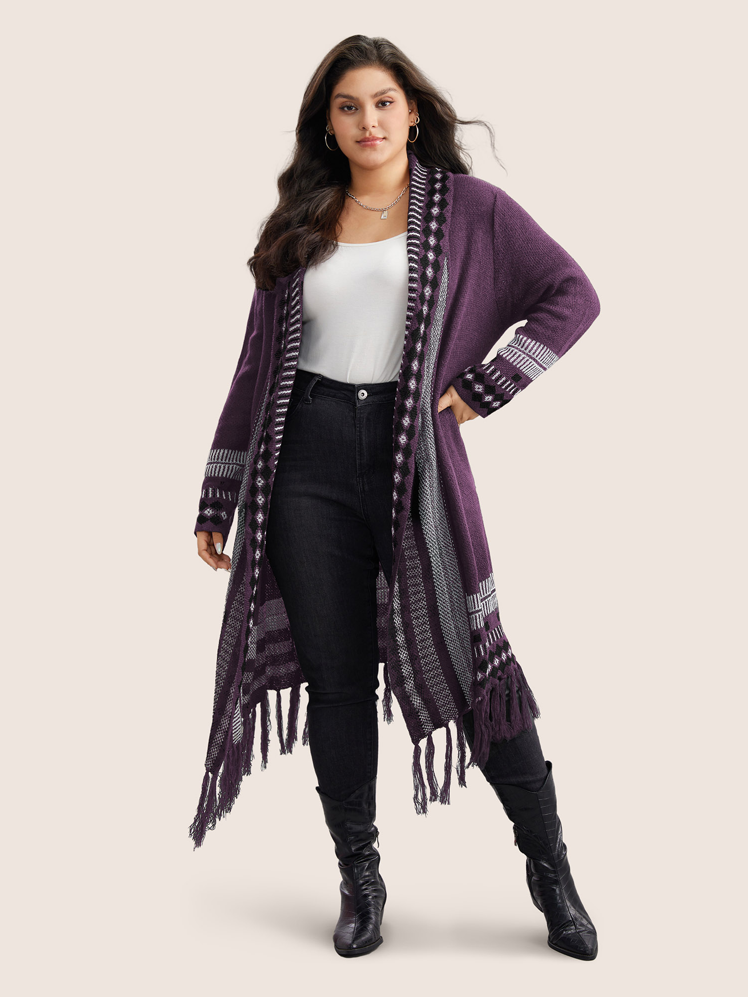 Plus Size Bandana Print Fringe Trim Maxi Cardigan Mauve Women Casual Long Sleeve Everyday Cardigans BloomChic 12/L 