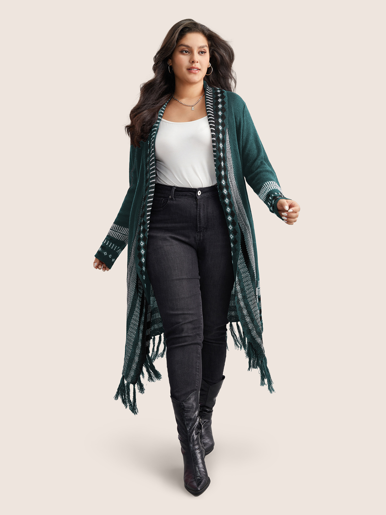 

Plus Size Bandana Print Fringe Trim Maxi Cardigan Teal Women Casual Long Sleeve Everyday Cardigans BloomChic